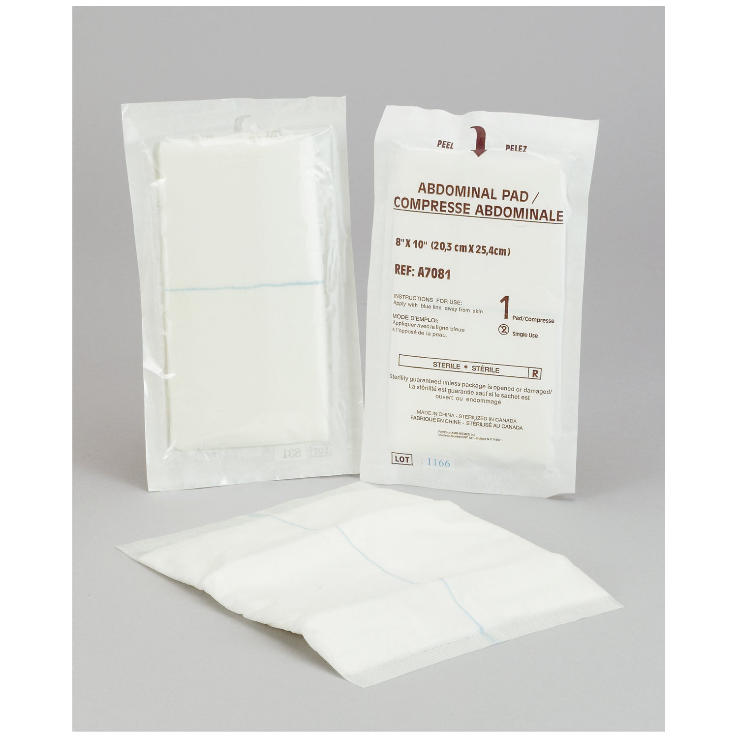 A7081 - AMD-Medicom - Almohadilla abdominal, 8" x 10", estéril, 1 unidad, extremos sellados, paquete de 24, paquete de 15, caja