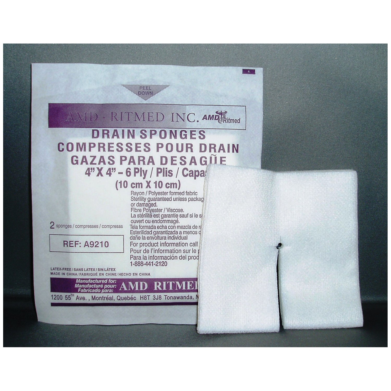 A9210-NP - AMD-Medicom - Esponja no dividida, 4" x 4", 6 capas, estéril, 2 unidades, 50/paquete, 12/paquete, caja