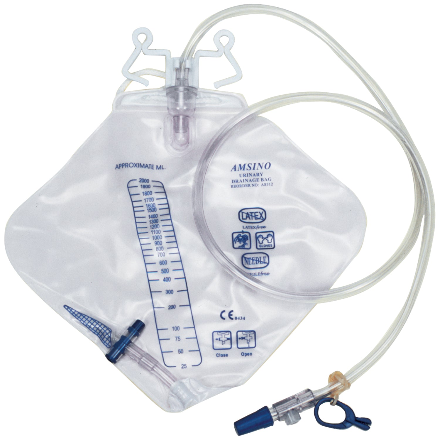 AS312 - Amsino International, Inc. - Drainage Bag, Diamond Shape, 2000mL, Bottom Draining, Universal Double-Hook, Large Anti-Reflux Chamber, Air-Vent, Needleless Sampling Port, Sterile Fluid Pathway, 20/cs    , cs