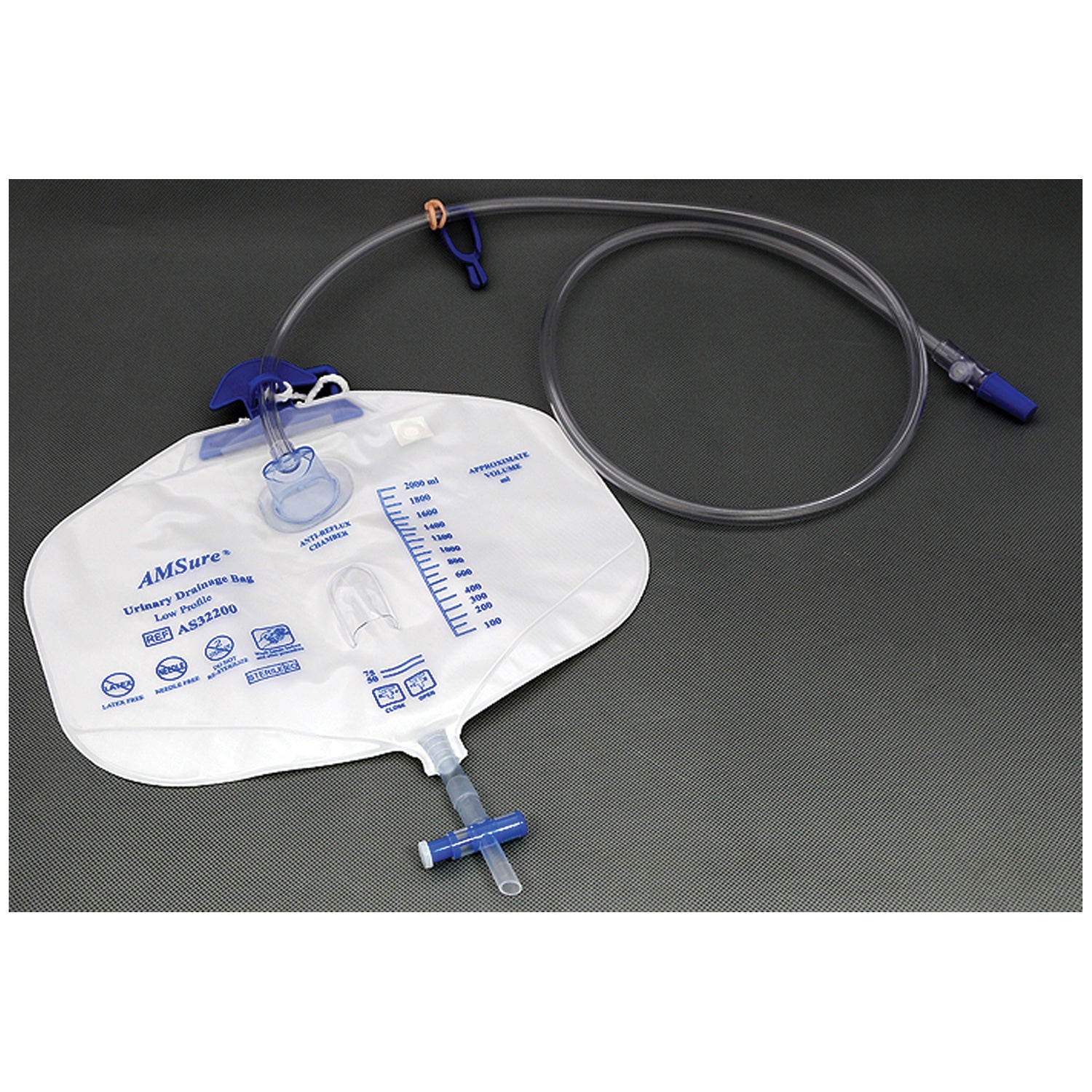 AS32200 - Amsino International, Inc. - Drainage Bag, 2000mL, Anti-Reflux Device, Pre-Pierced Needle-Free Sampling Port(Luer Slip or Blunt Cannula Compatible), Single Hook & Rope Hanger, T-Tap Drain Port, Sterile Fluid Pathway, 20/cs     , cs