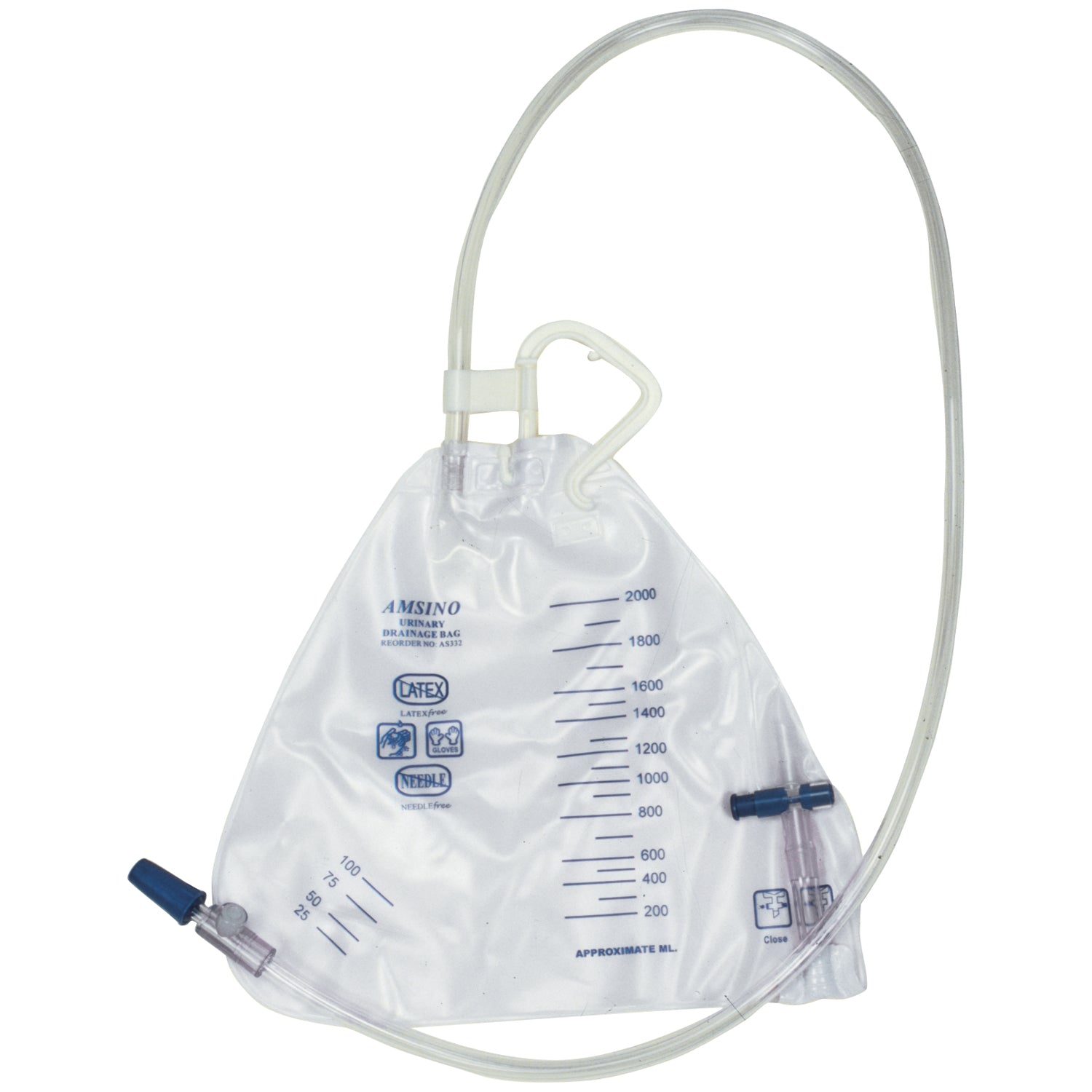 AS332 - Amsino International, Inc. - Bolsa de drenaje, forma de pera, 2000 ml, drenaje inferior, colgador universal, válvula antirreflujo, ventilación, puerto de muestreo sin aguja, vía de fluido estéril, 20/caja