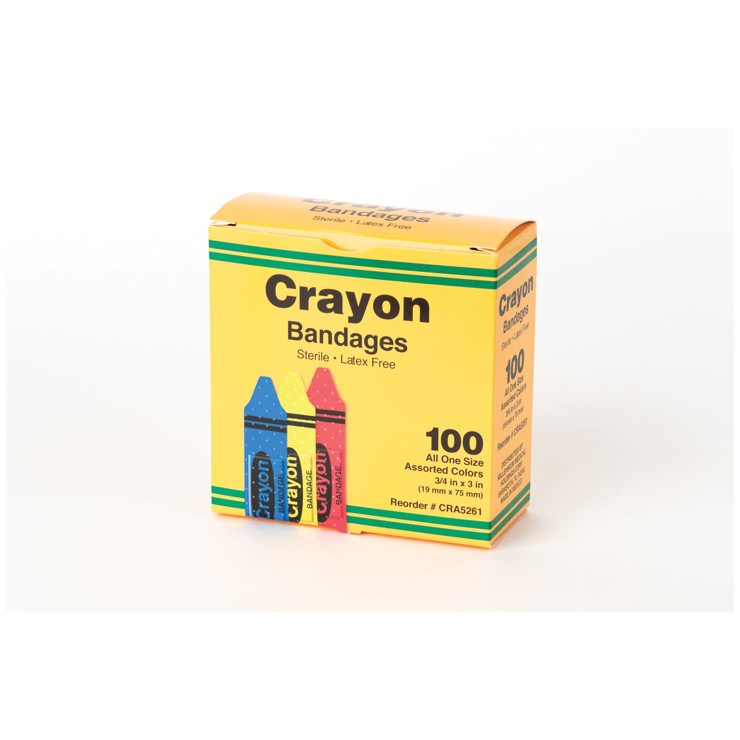 CRA5261 - ASO, LLC - Crayola 創可貼，¾ 英吋 x 3 英吋條狀，不含乳膠 (LF)，混合色（紅色、黃色和藍色），100 條/盒，12 盒/箱，箱裝
