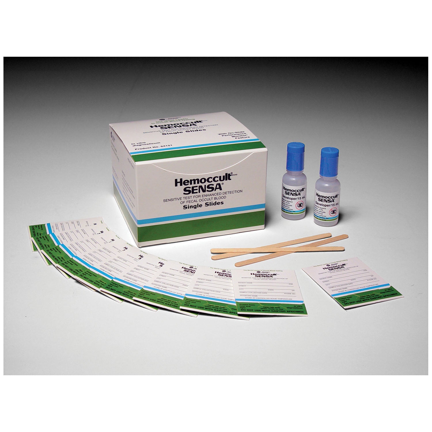 64151A - HemoCue America - Each Box Contains: (100) Hemoccult® SENSA® Single Slides (Test Cards), (2) 15mL Bottles of Developer, (100) Applicators & Instructions (Minimum Expiry Lead is 90 days) (US & Canada Only) (Item is Non-Returnable) (HAZMAT Fees Ap