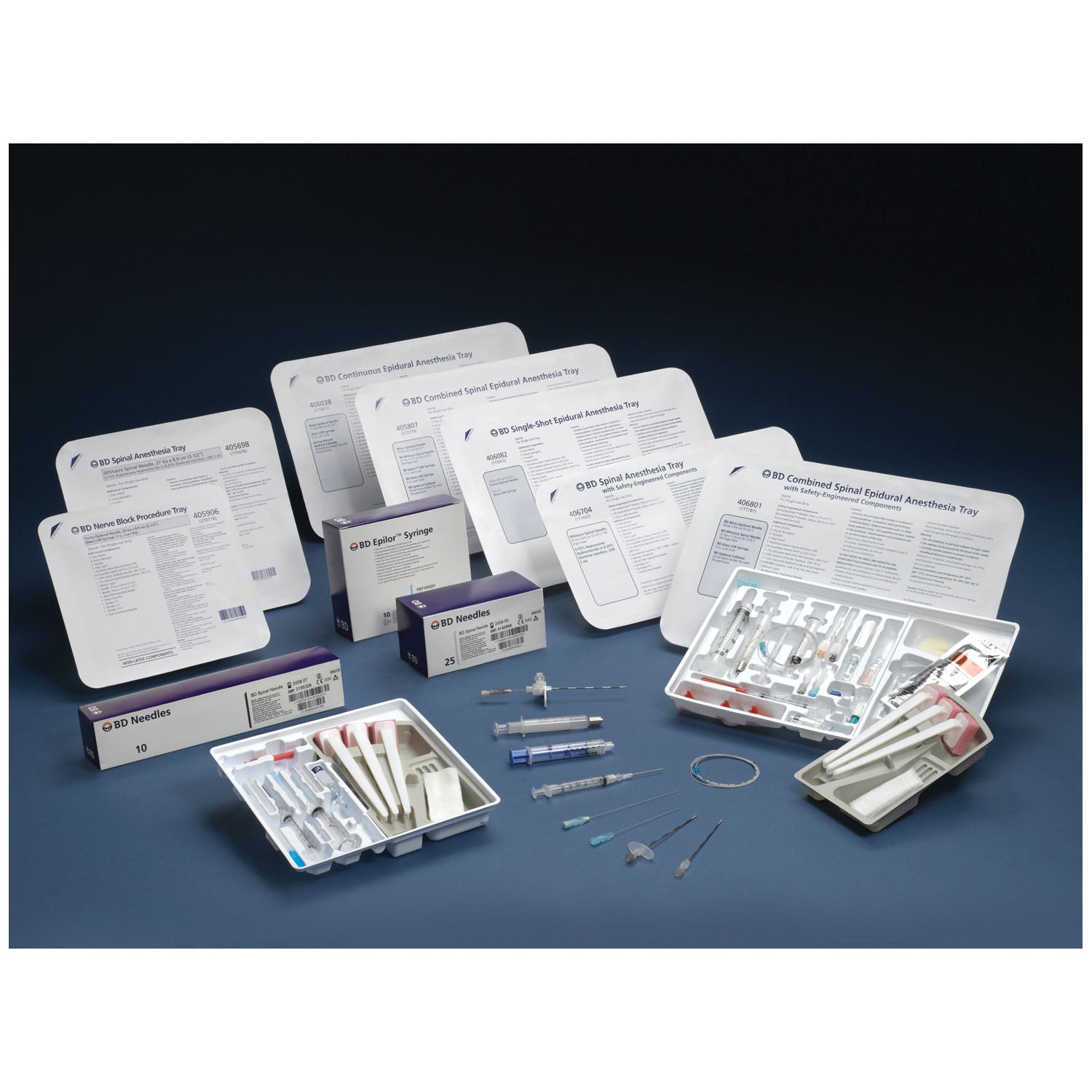 406069 - BD - Epidural Tray: 18 x 3½" Perisafe Tuohy Epidural Needle, 5mL Epilor Syringe LOR Glass, Lidocaine HCL (1%) 5mL, Sodium Chloride (0.9%) 10mL, 18G x 1½" Filter Needle (5MIC) Blunt Tip, 25G x 1" Needle, 22G x 1½" Needle, 18G x 1½" Short Bevel Ne
