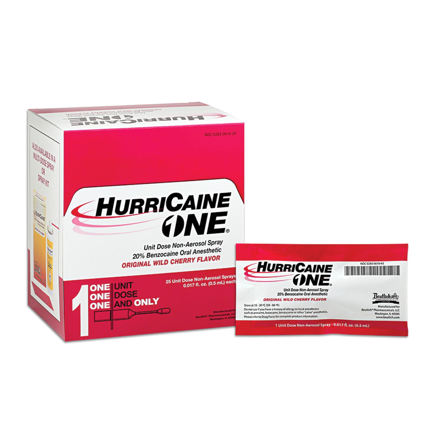 0283-0610-26 - Beutlich LP Pharmaceuticals - HurriCaine ONE®，單劑量非氣霧劑噴霧，原味野櫻桃味，0.5毫升，25瓶/盒（僅限美國），盒