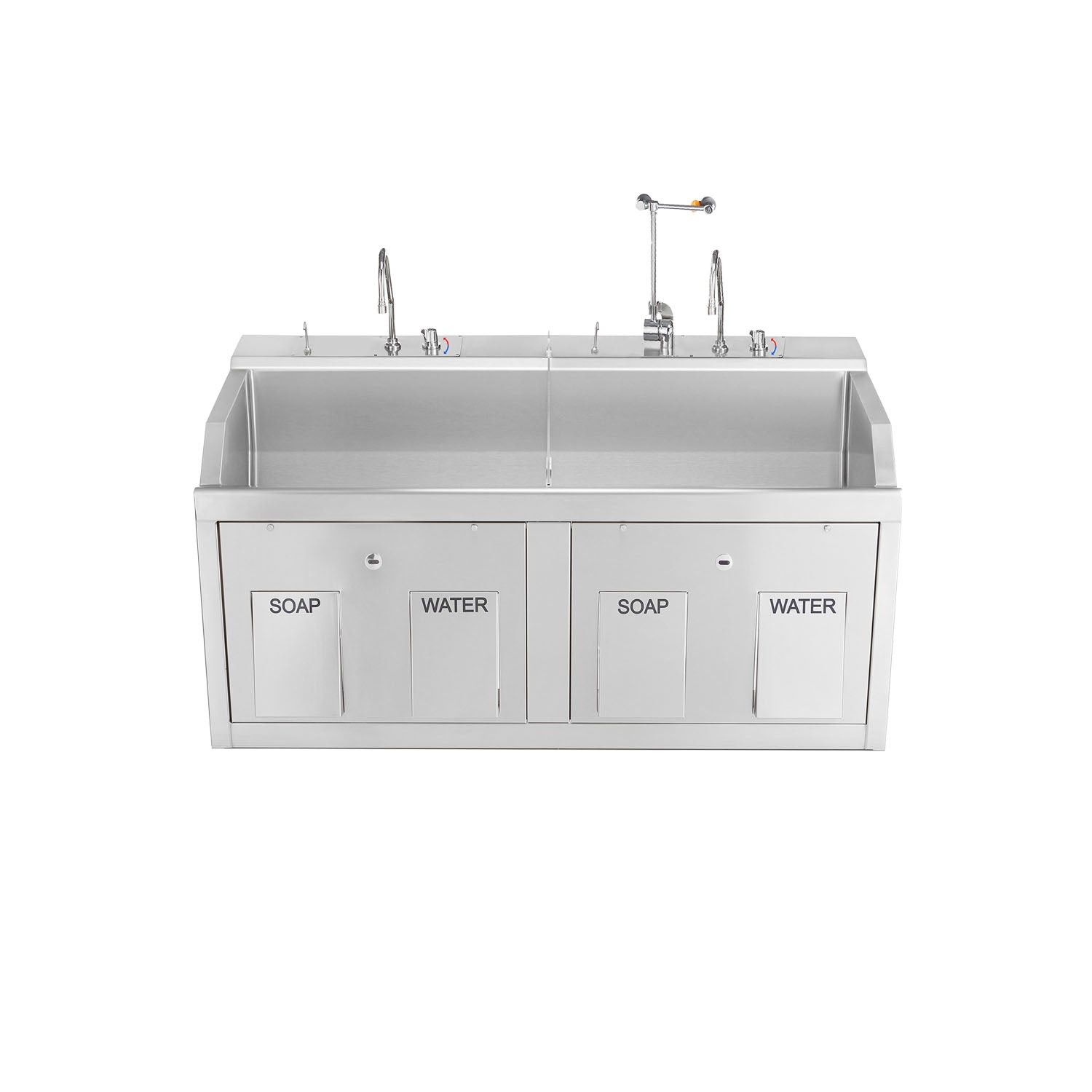 1339882WED - Blickman Industries - Lodi Scrub Sink, (2) Place, Wall Mounted, Knee Action Control, Soap Dispenser, Infrared Water Control, Eyewash, Digital Timer (DROP SHIP ONLY)    , ea