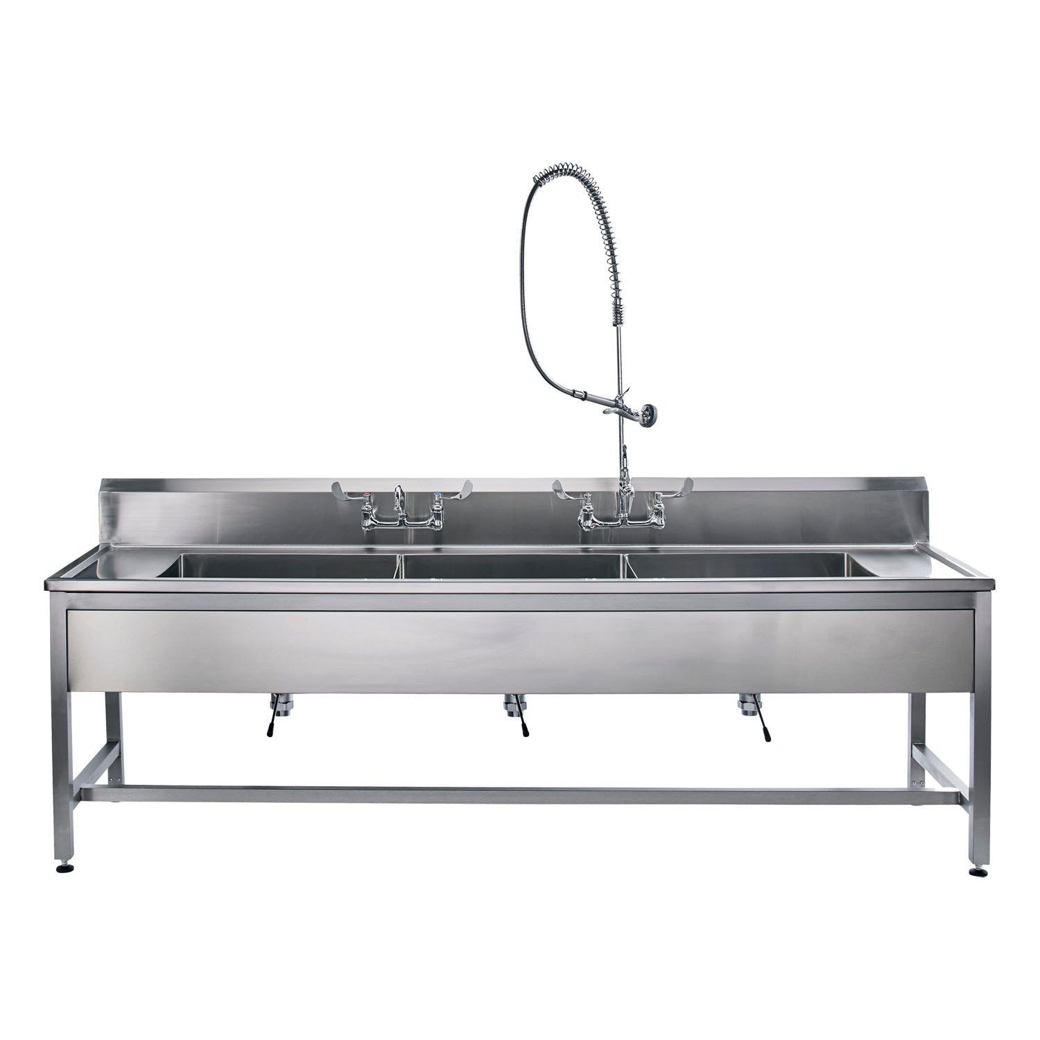 162DSHB001 - Blickman Industries - Decontamination Station 116"W x 26 1/2"D, (8") Backsplash, (3) 25"W x 18"H x 10"D Bowls, Stainless Steel SQ Tube Base, Adjustable Flanged Fet w/Marine Edge, Bowls Etched w/Gallon & Liter Measures (DROP SHIP ONLY)    , e