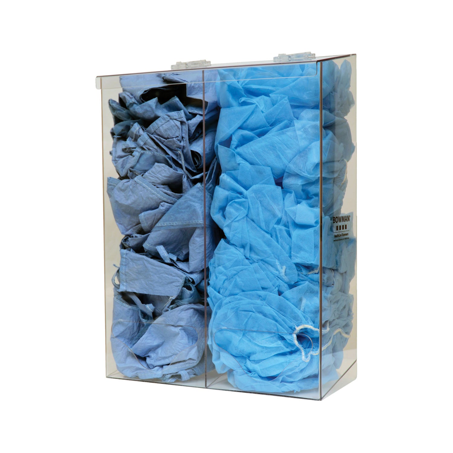 BP-012 - MarketLab, Inc. - Bulk Dispenser, Tall Double Bin, Holds a Variety of Protective Apparel in Bulk, Dual Compartments with Hinged Lid, Openings at Front Bottom, Keyholes For Wall Mounting, Clear PETG Plastic, 12¼"W x 17"H x 5¾D    , ea