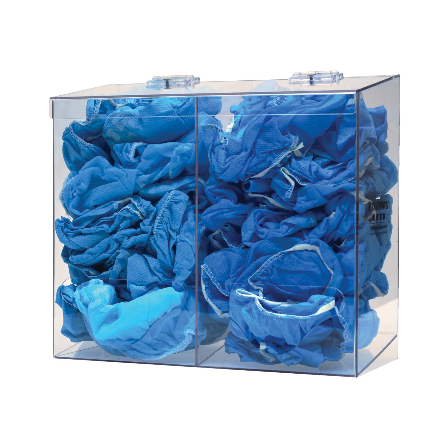 BP-022 - MarketLab, Inc. - Bulk Dispenser, Double Bin, Holds a Variety of Protective Apparel in Bulk, Dual Compartments with Hinged Lid, Openings at Front Bottom, Keyholes For Wall Mounting, Clear PETG Plastic, 12¼"W x 11 1/8"H x 5¾"D (Made in USA)    ,