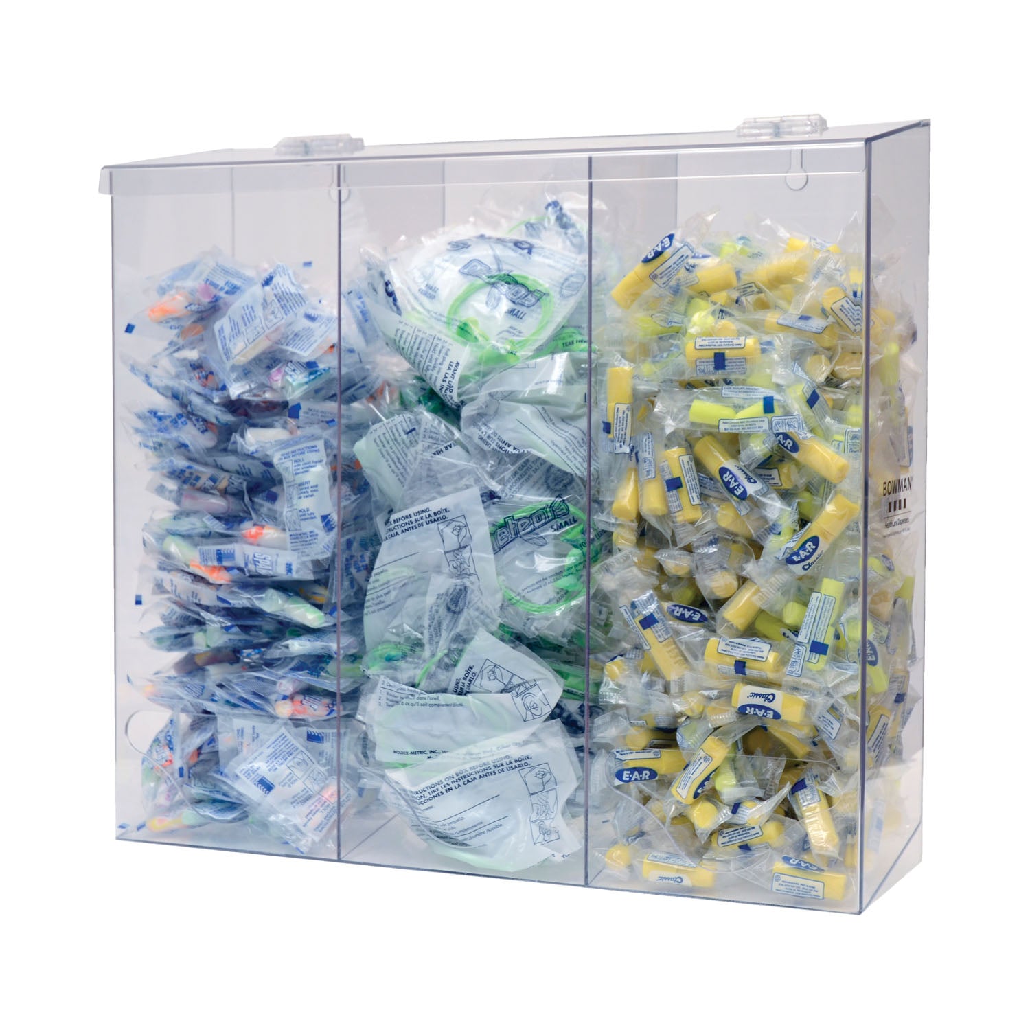 BP-090 - MarketLab, Inc. - Bulk Dispenser, Tall Triple Bin, Holds a Variety of Protective Apparel in Bulk, Triple Compartments with Hinged Lid, Openings at Front Bottom, Keyholes For Wall Mounting, Clear PETG Plastic, 18 3/8"W x 17 1/16"H x 5¾"D    , ea