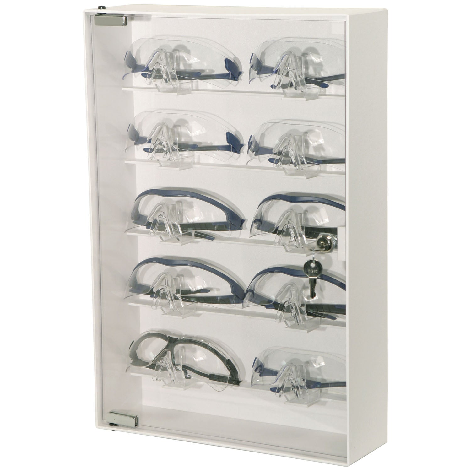 CP-075 - MarketLab, Inc. - Eyewear Cabinet, Locking, Holds up to 10 pr of Safety Glasses on Nose Holders, Keyholes For Wall Mounting, White ABS Plastic & Clear PETG Plastic, 13½"W x 20"H x 4 1/8"D (Made in USA)    , ea