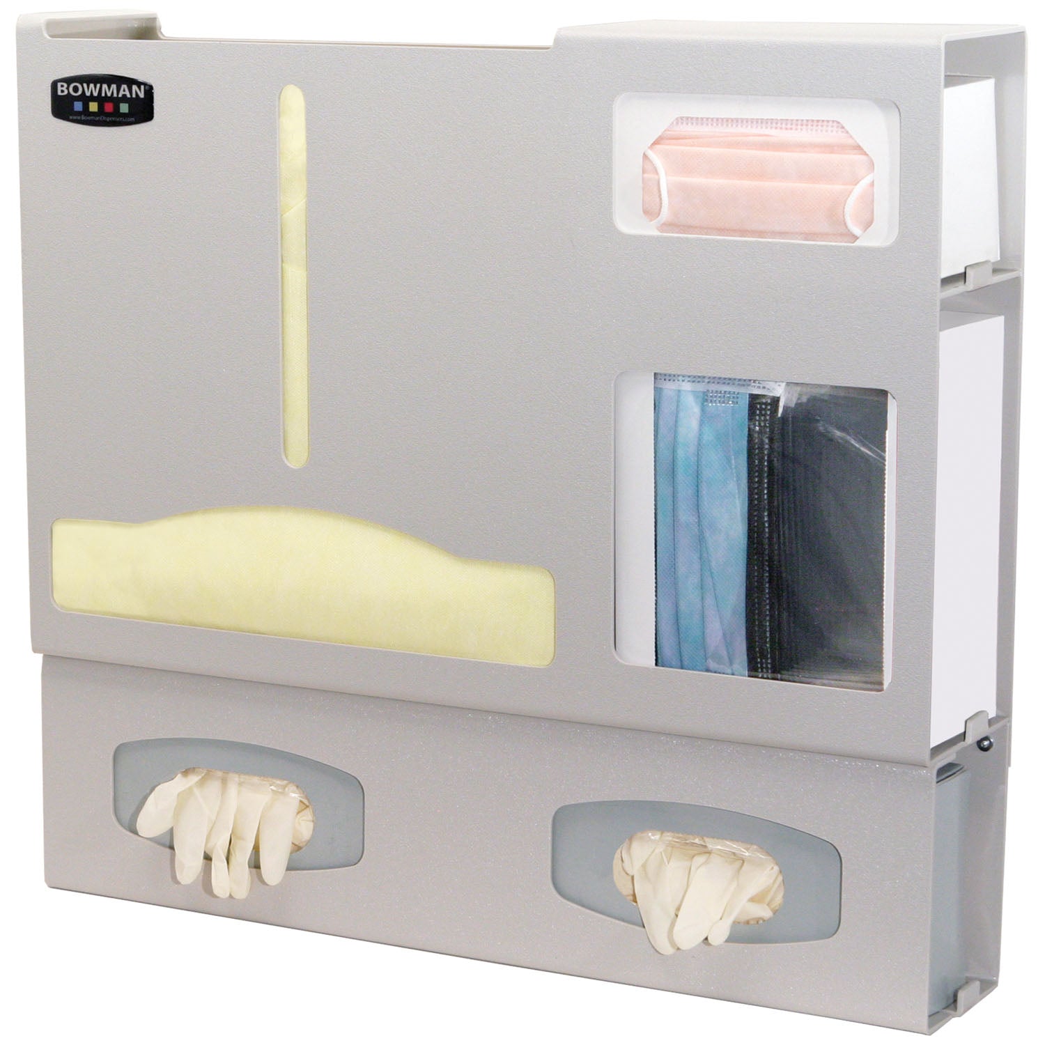 LD-037 - MarketLab, Inc. - Protection Organizer, Holds A Variety of Gowns, Two Boxes of Gloves, One Box of Face Mask & One Box of Face Shields, Keyholes For Wall Mounting, Door Hanger Cut-Out, Quartz ABS Plastic, 22¾"W x 20½"H x 4¾"D (Made in USA)    , e