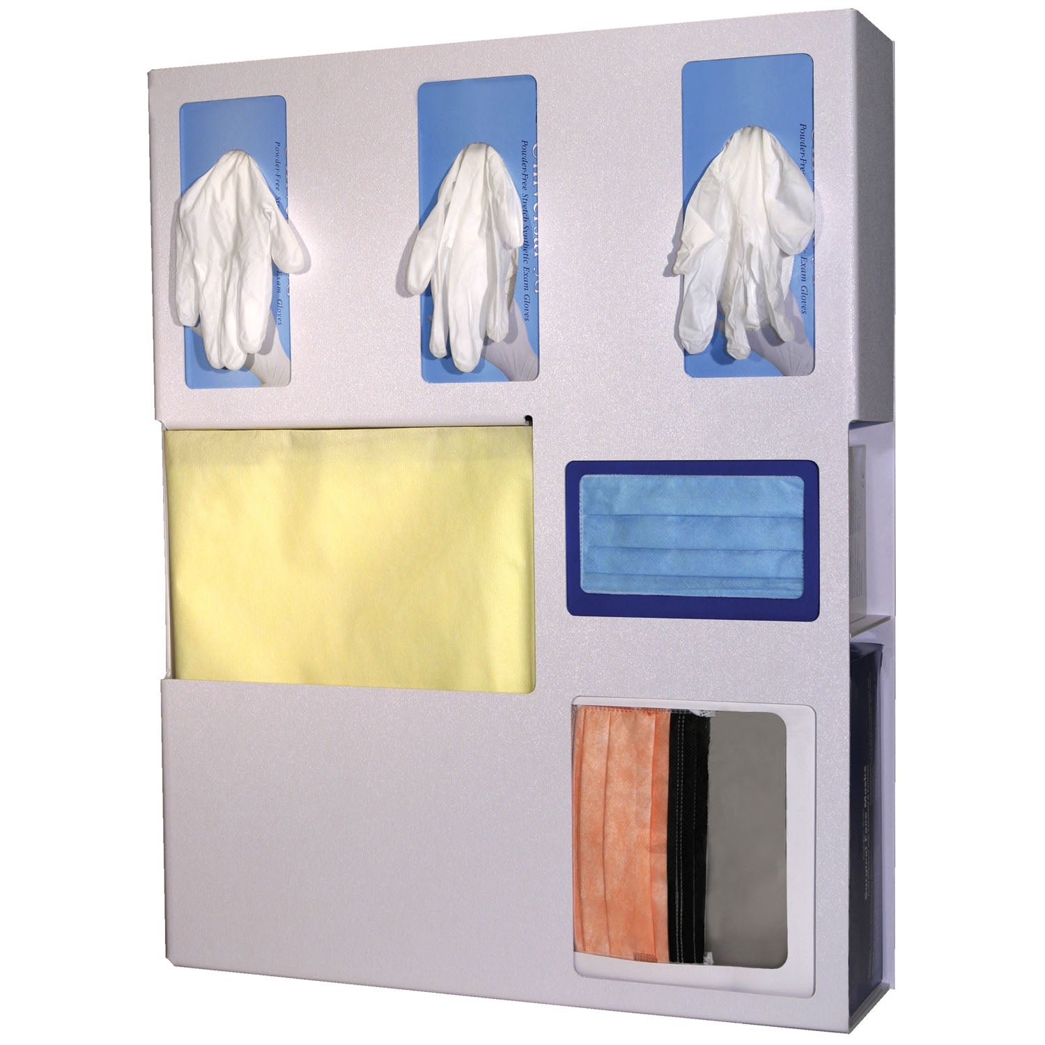 LD-070 - MarketLab, Inc. - Protection Organizer, Holds Flat Pack or Launderable Gowns, Three Boxes of Gloves, One Box of Face Masks & One Box of Face Shields, Keyholes For Wall Mounting, Door Hanger Cut-Out, Quartz ABS Plastic, 20 1/16"W x 25¼"H x 4¾"D (