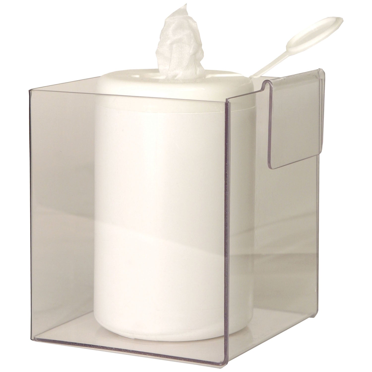 MP-015 - MarketLab, Inc. - Caddy Dispenser, Clip-On, Holds A Variety of Medical Supplies Including Wet Wipes Canisters (Various Sizes), Clips to Side of Protection Organizers Greater Than 4" Deep. Clear PETG Plastic, 6 3/16"W x 7 5/16"H x 6 5/8"D (Made i