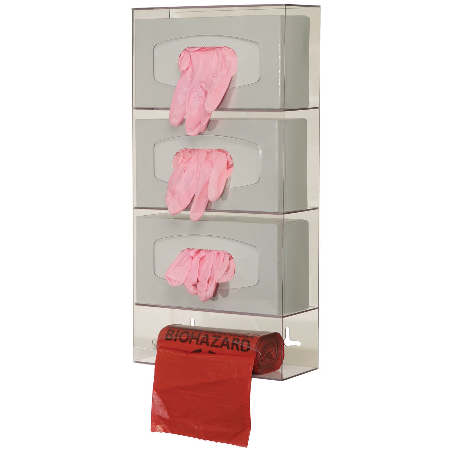 PS004-0111 - MarketLab, Inc. - Triple Glove & Single Roll Bag Dispenser, Holds Three Boxes of Gloves & One Roll of Bags (up to 9"L), Keyholes For Wall Mounting, Clear PETG Plastic, 10 1/8"W x 20 3/8"H x 3 15/16"D (40 cs/plt)  (Made in USA)    , ea