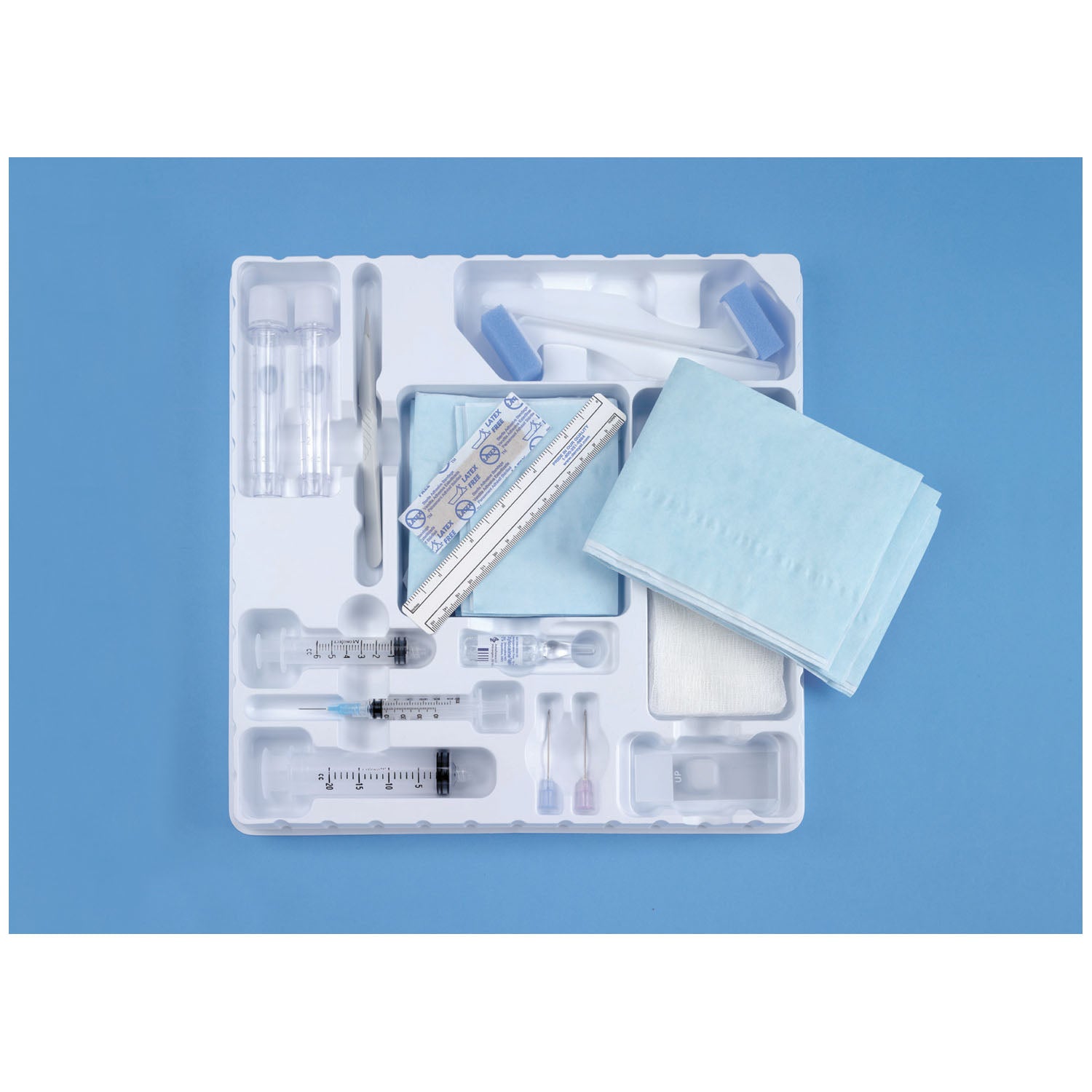 651 - Busse Hospital Disposables, Inc. - Basic Biopsy Tray, Sterile, Includes: 25G x 5/8" Needle, 3cc Syringe, 22G x 1½" & 20Gg x 1½' Needles, 6cc & 20cc Luer Lock Syringe, 5mL Lidocaine, Scalpel, 2-10mL Spec. Vials, 6 Microscope Slides, 6" Ruler, 2 Spon