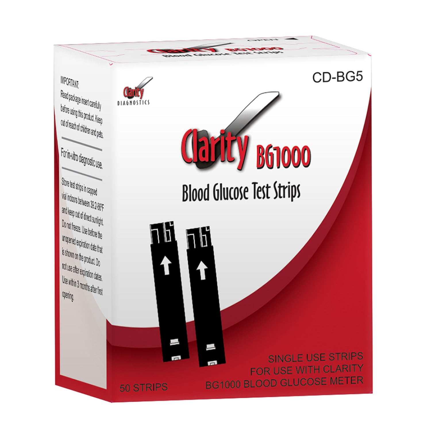 CD-BG5 - Clarity Diagnostics, LLC - Clarity BG1000 血糖儀試紙，50 條/盒，盒裝