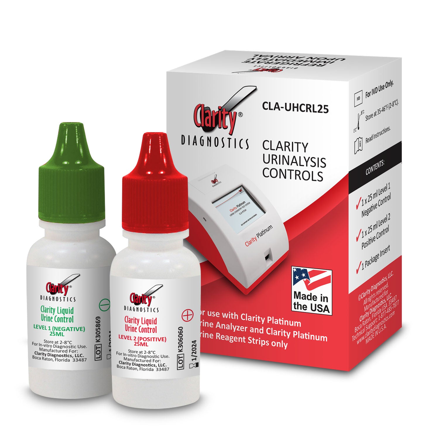 CLA-UHCRL25 - Clarity Diagnostics, LLC - Clarity Platinum 尿液分析質控品，包含 (1) 25 ml 一級/陰性質控品和 (1) 25 ml 二級/陽性質控品，僅適用於 Clarity Platinum 尿液分析儀和目測讀取的 Clarity 微量白蛋白-肌酐測試​​。