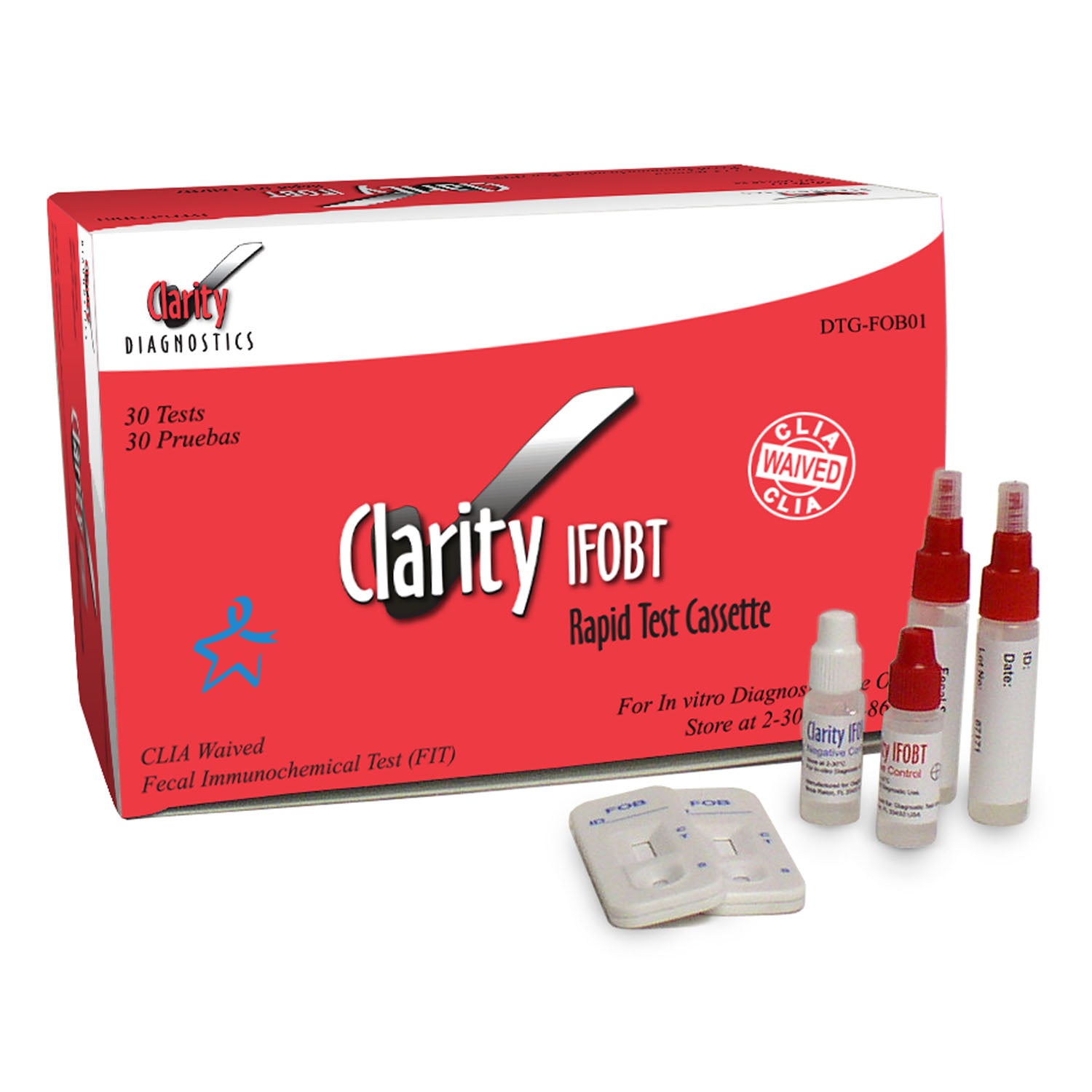 DTG-FOB01 - Clarity Diagnostics, LLC - Clarity 糞便隱血檢測試劑盒，CLIA豁免認證，包含：(30) 個測試卡，(35) 個收集管，外部品控品（每瓶 +/- 0.5mL），產品說明書，30 盒/盒