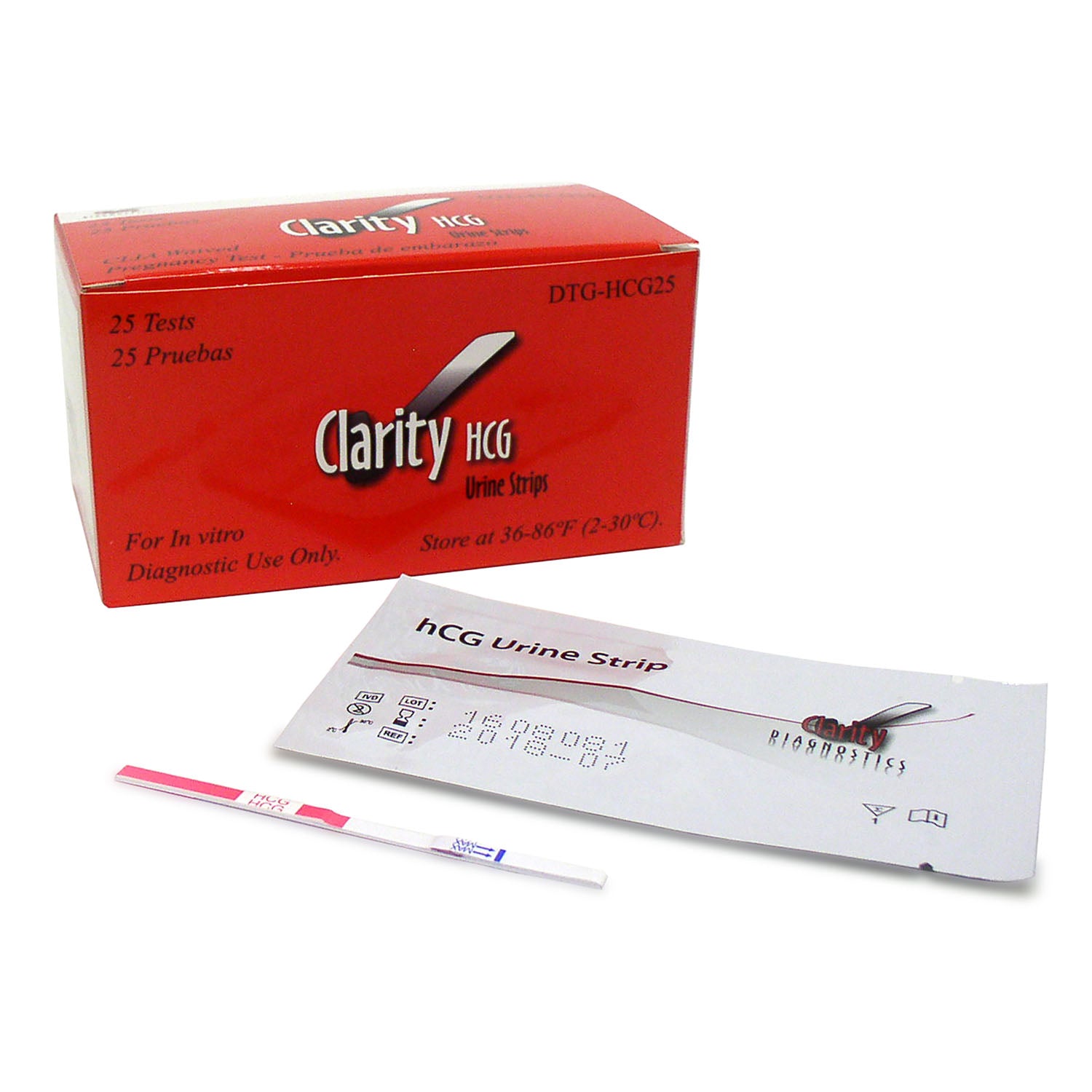 DTG-HCG25 - Clarity Diagnostics, LLC - Clarity HCG 試紙，CLIA 豁免認證，25 條/盒，盒裝