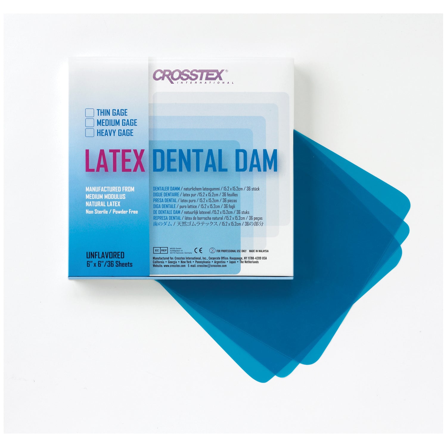 19302 - Crosstex International - Dental Dam, Thin, Blue,  6" x 6", Unflavored, 36 sheets/bx  (Short-Dated & Non-Returnable)    , bx