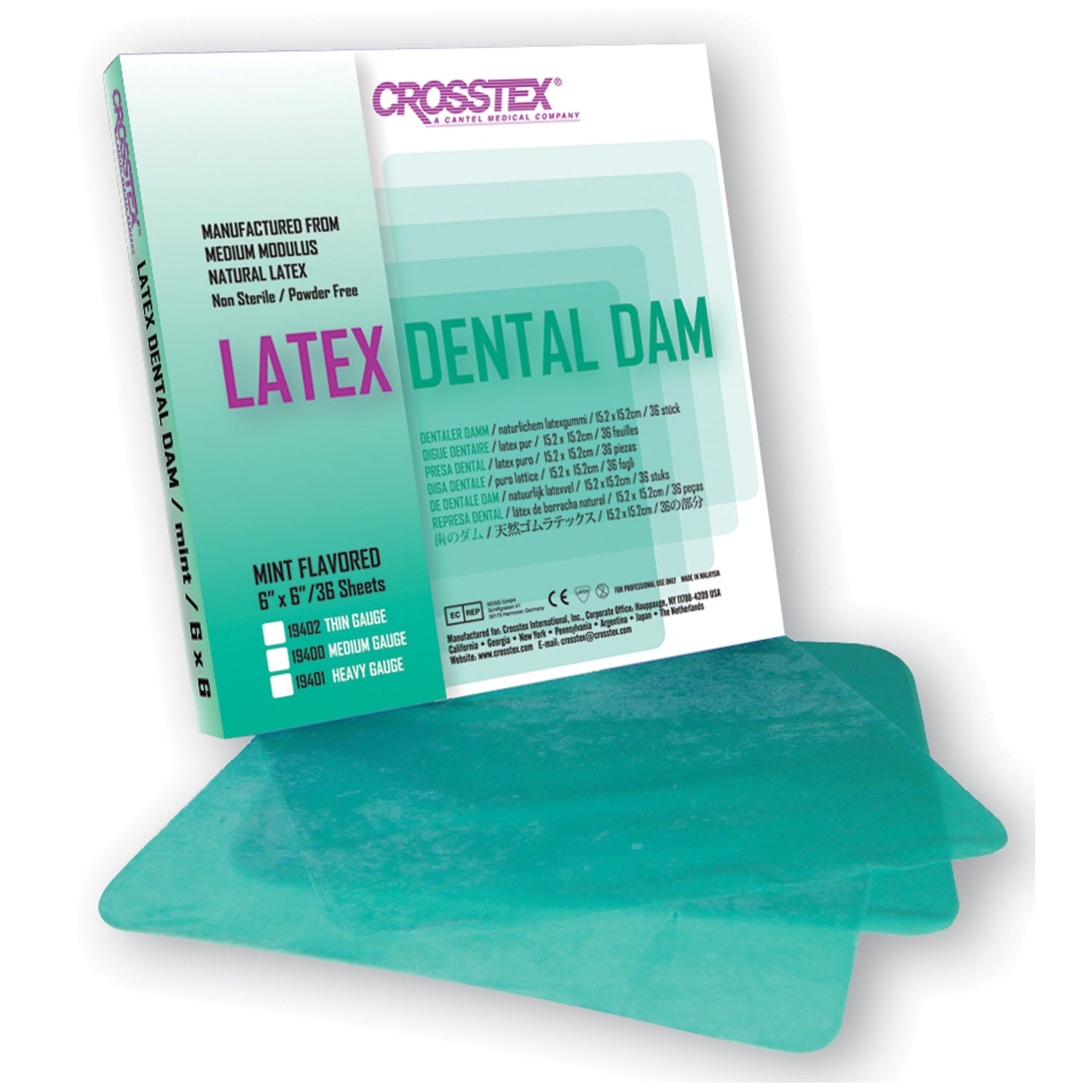19402 - Crosstex International - Dental Dam, Thin, Green,  6" x 6", Mint, 36 sheets/bx    , bx