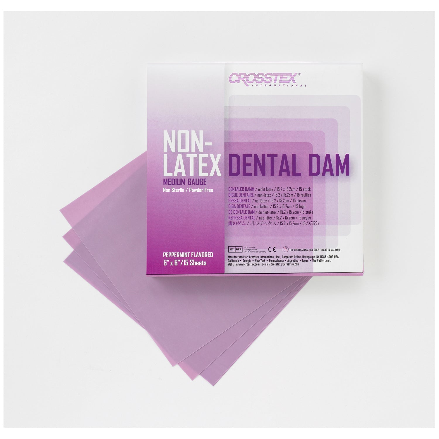 19500 - Crosstex International - Dental Dam, Medium, Purple, 6" x 6", Peppermint, Latex Free (LF), 15 sheets/bx    , bx