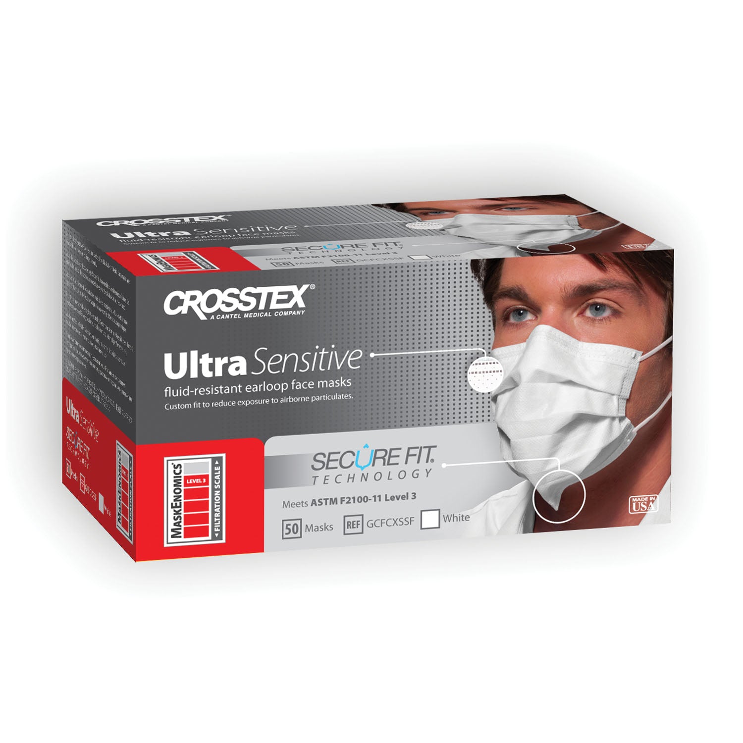 GCFCXSSF - Crosstex International - ASTM 3級耳掛式口罩，白色，50個/盒，10盒/箱，箱數