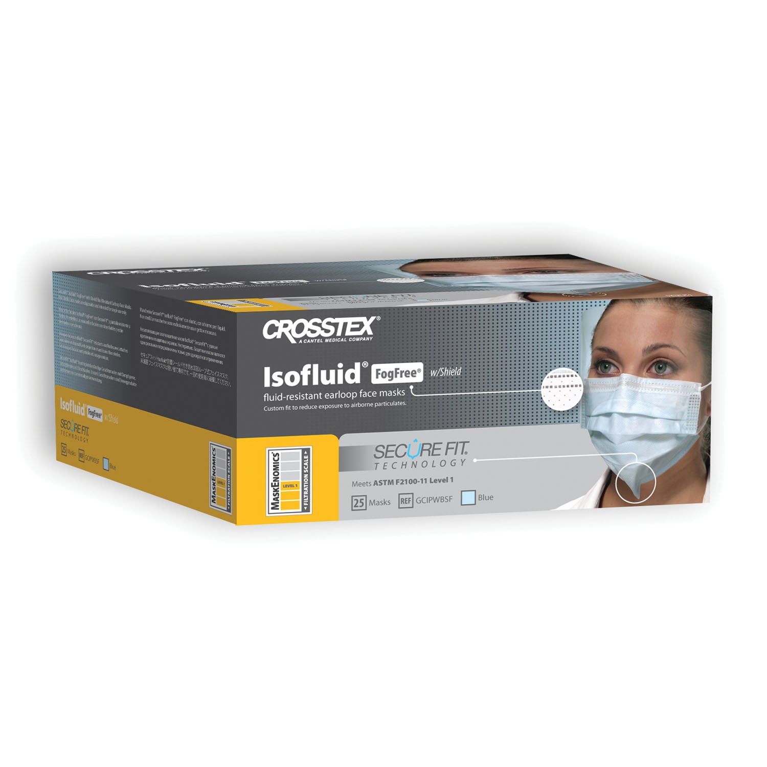 GCIPWBSF - Crosstex International - ASTM Level 1 Earloop Mask with Splash Shield, FogFree, Blue, 25/bx, 4 bx/ctn    , ctn