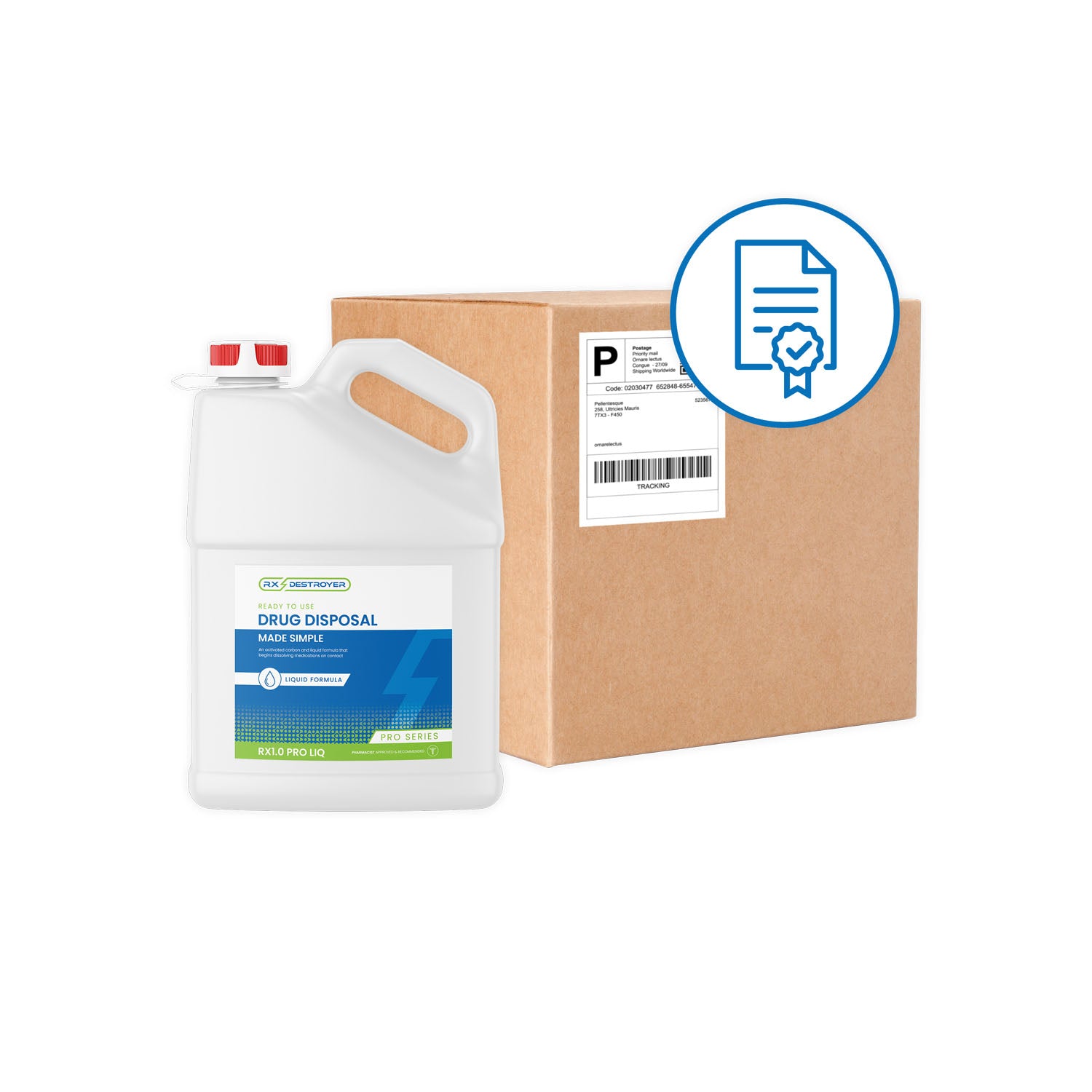 RX1.0PROLIQMB - C2R Global Manufacturing - Rx Destroyer™ 專業系列液體藥品，僅含硬化劑包，1 加侖瓶裝，帶繫繩瓶蓋和液位計，4 瓶/箱（訂購時必須提供最終用戶聯絡人姓名、電子郵件地址和電話號碼），c