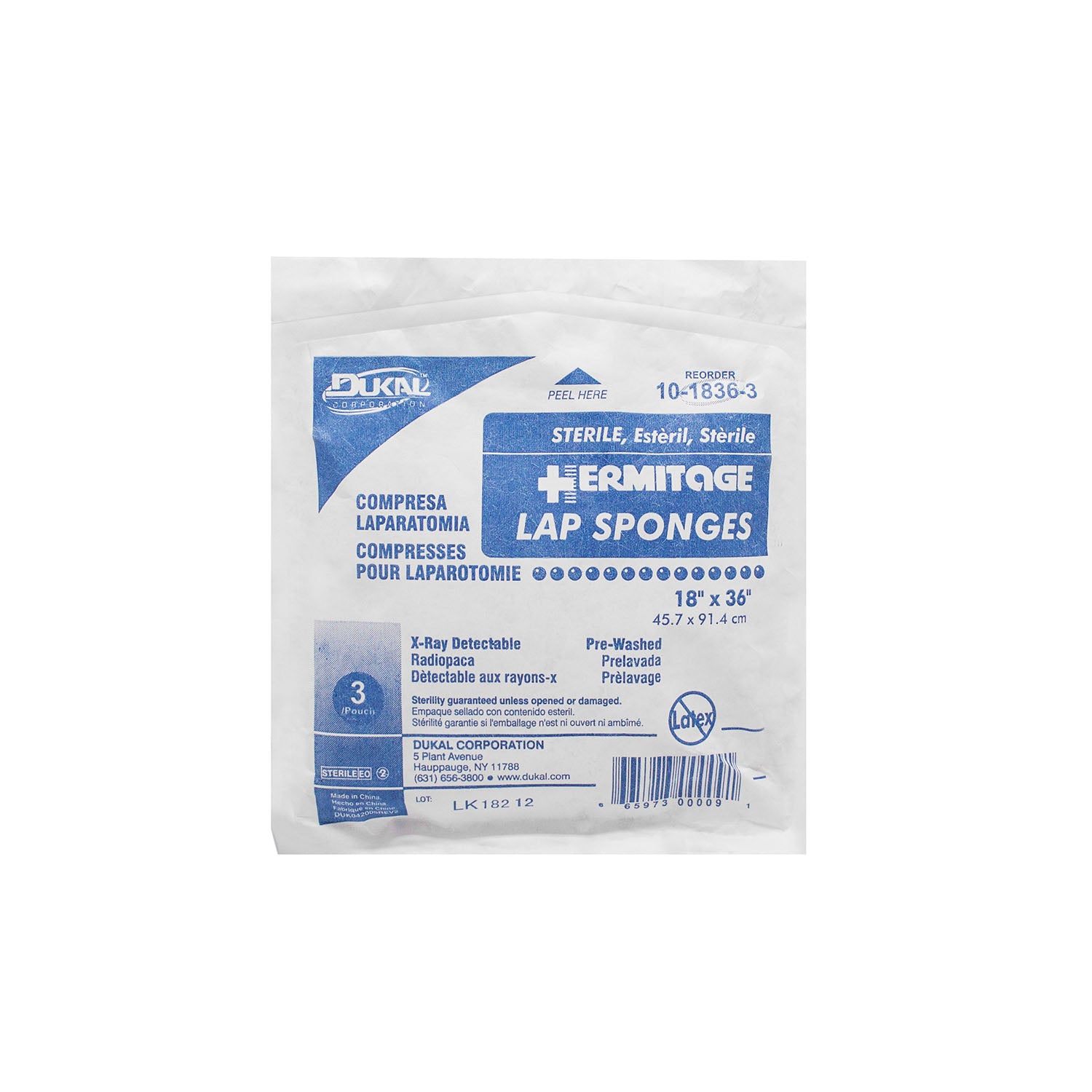 10-1836-3 - Dukal Corporation - Laparotomy Sponge, 18" x 36", Sterile, X-Ray Detectable, Prewashed, Softpack, 3/pk, 20 pk/cs    , cs