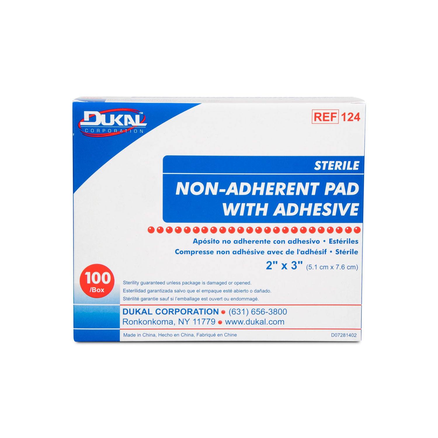 124 - Dukal Corporation - Non-Adherent Pad Dressing with Adhesive, 2" x 3" , Sterile, 100/bx, 24 bx/cs    , cs