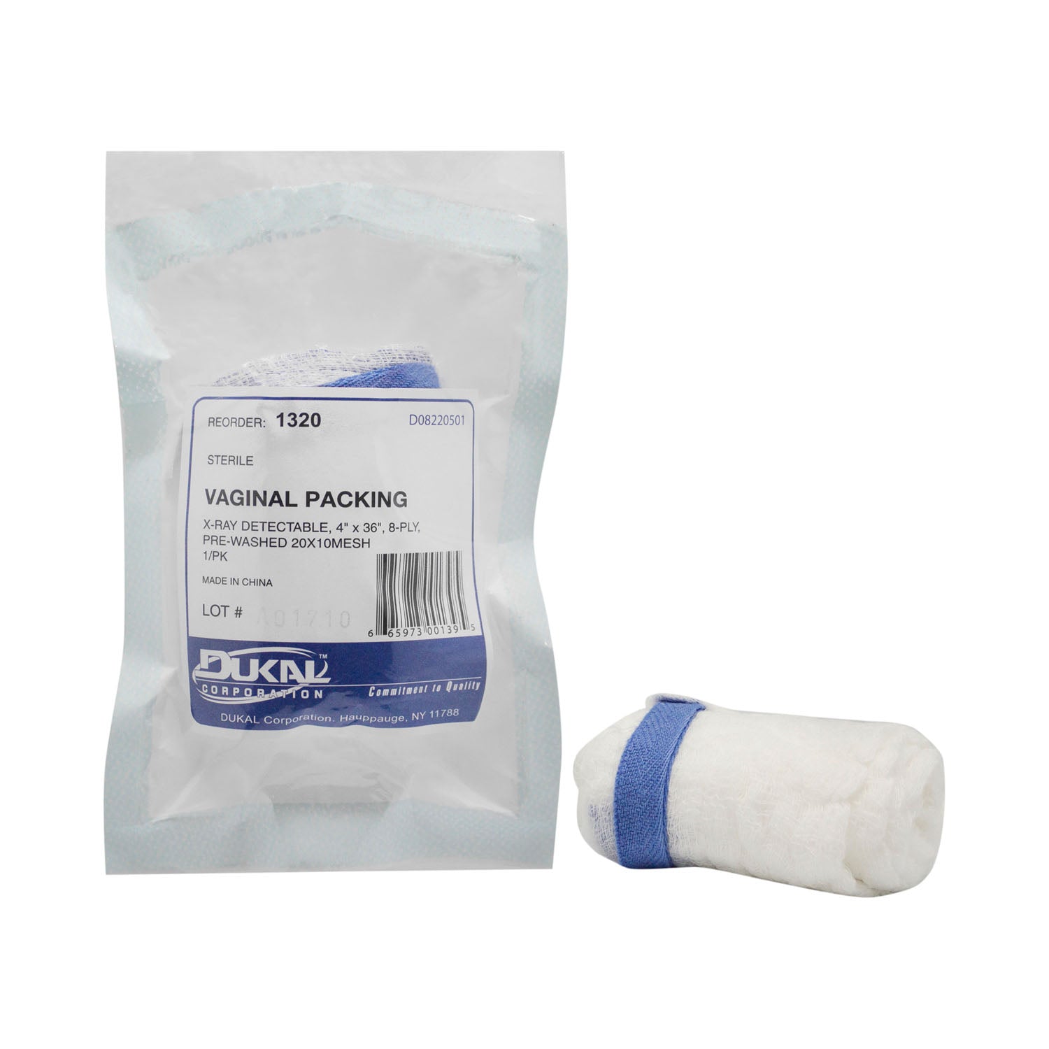 1320 - Dukal Corporation - Section Sponge, Vaginal Packing, 4" x 36", Sterile 1s, 8-Ply, Prewashed, X-Ray Detectable, 2 x1  Mesh, 100/cs    , cs