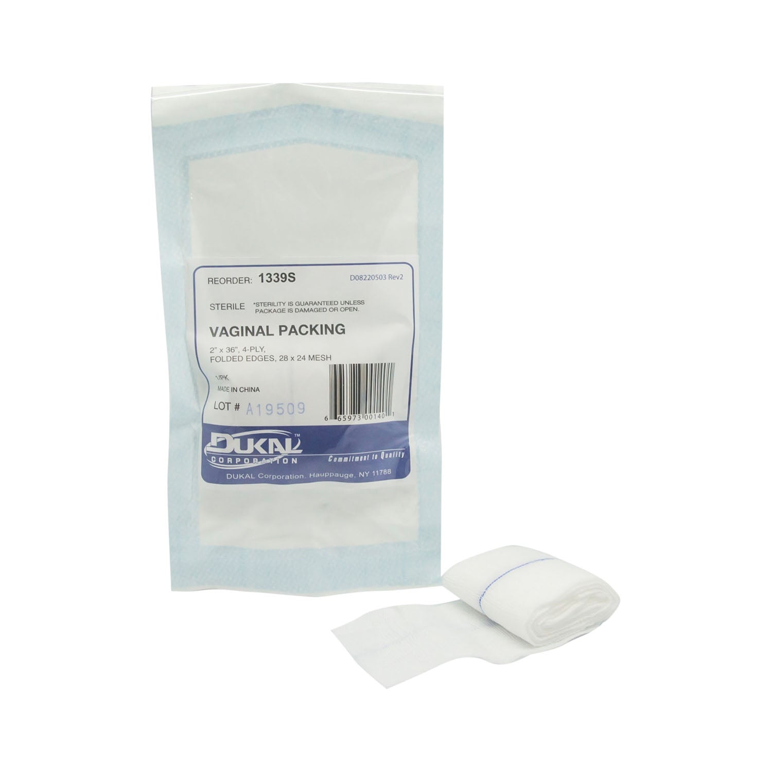 1339S - Dukal Corporation - Section Sponge, Vaginal Packing, 2" x 36", Sterile 1s, 4-Ply, X-Ray Detectable, 28 x 24 Mesh, Edges Folded In, 100/cs    , cs