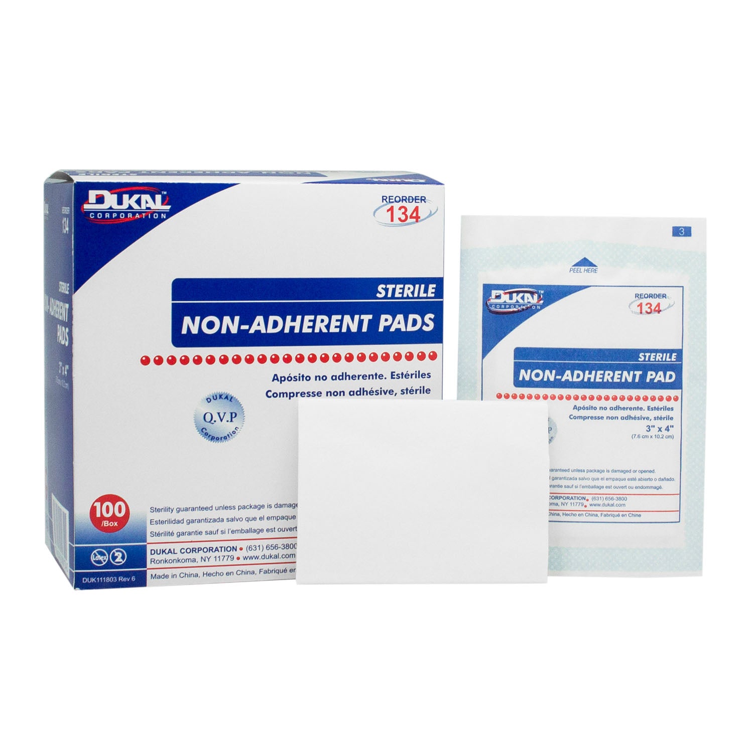 134 - Dukal Corporation - Non-Adherent Pad, 3" x 4", Sterile, 1/pk, 100 pk/bx, 12 bx/cs    , cs
