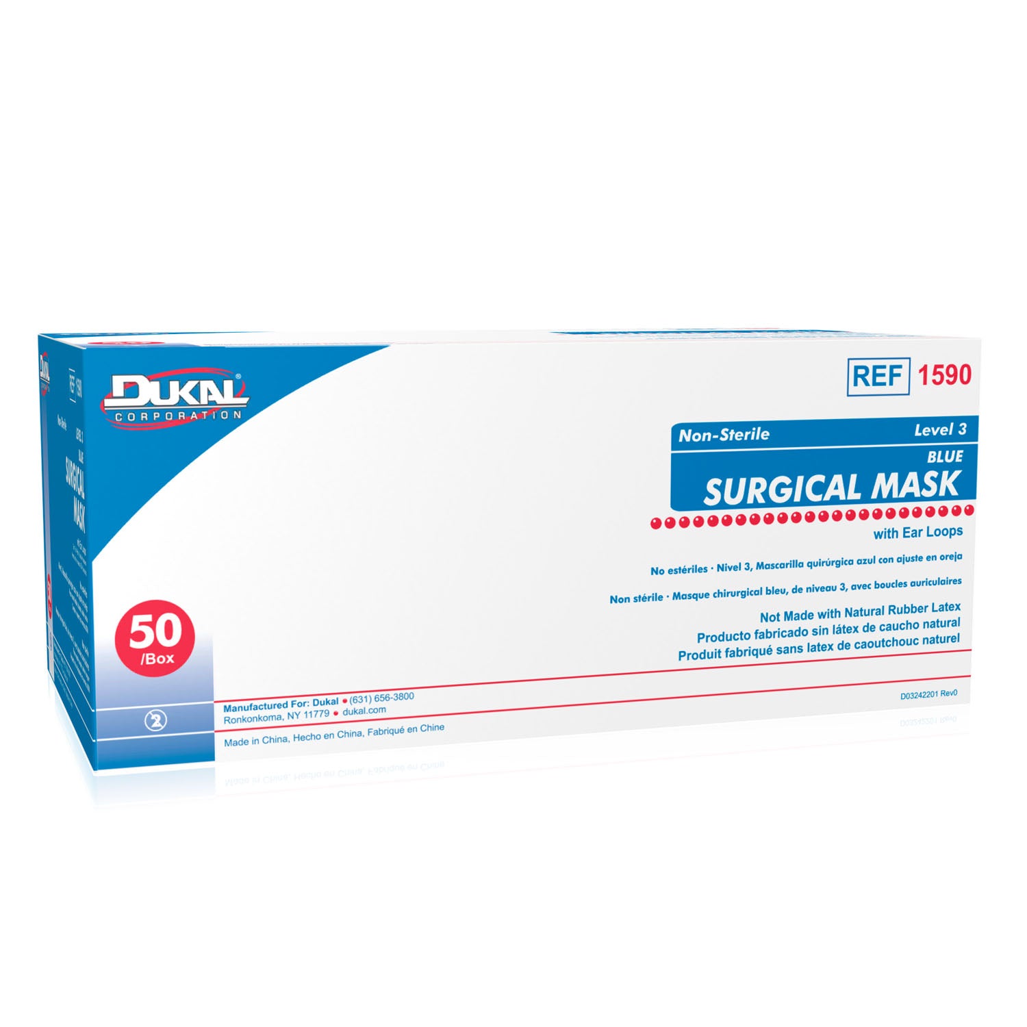 1590 - Dukal Corporation - Face Mask, Level 3, with Earloop, 50/bx, 12 bx/cs    , cs