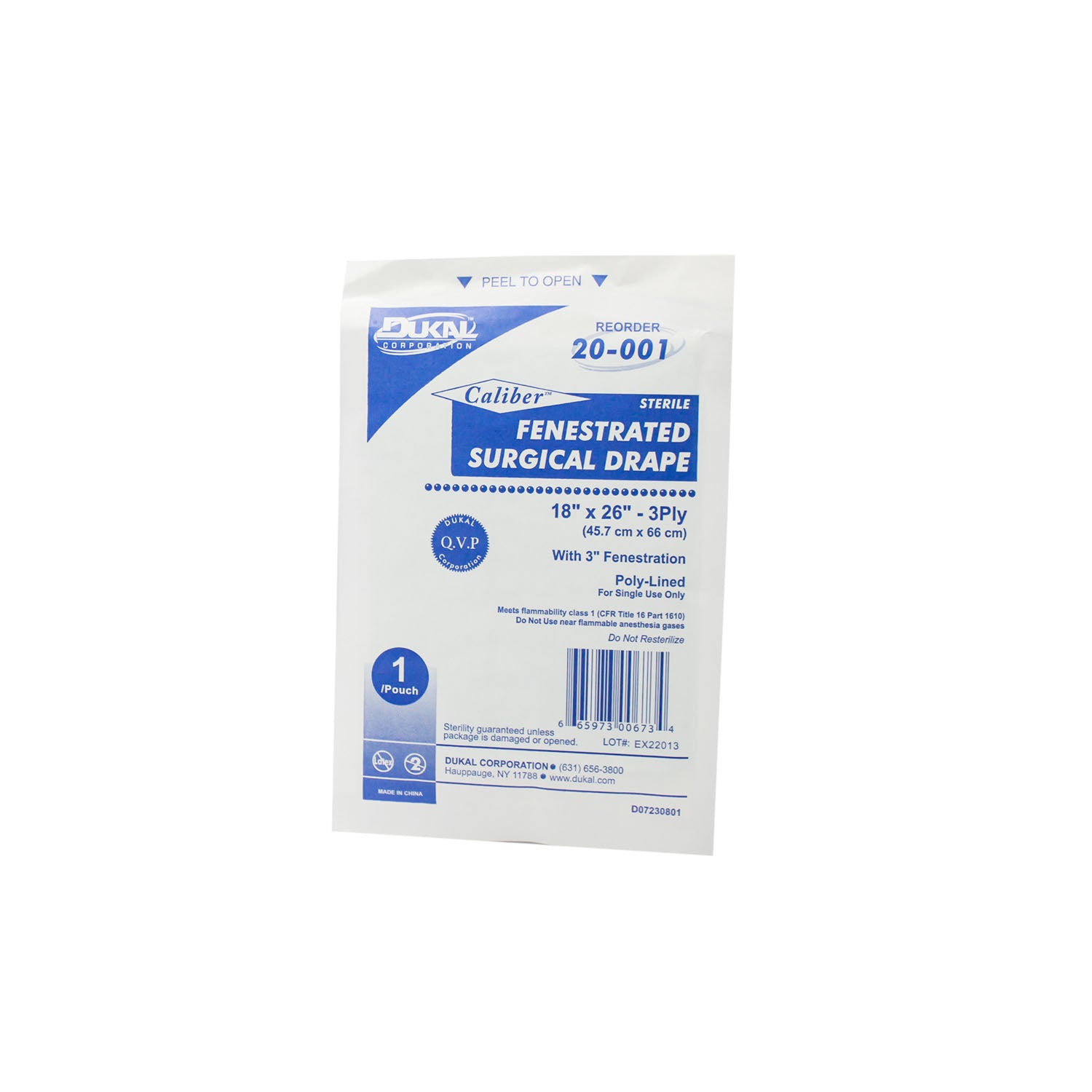 20-001 - Dukal Corporation - Surgical Drape, Fenestrated, 18" x 26", Sterile, 1/pk, 50 pk/bx, 6 bx/cs (40 cs/plt)    , cs