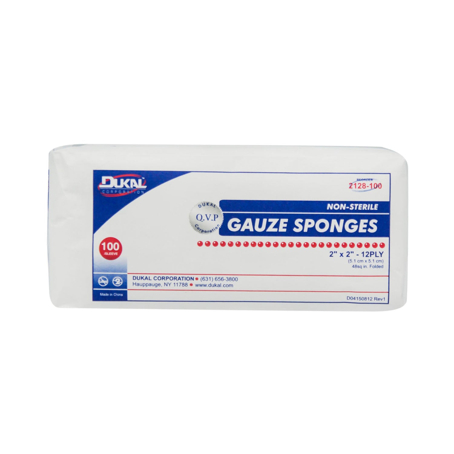 2128-100 - Dukal Corporation - Gauze Sponge, 2" x 2", Non-Sterile, 12-Ply, 100/bg, 80 bg/cs    , cs
