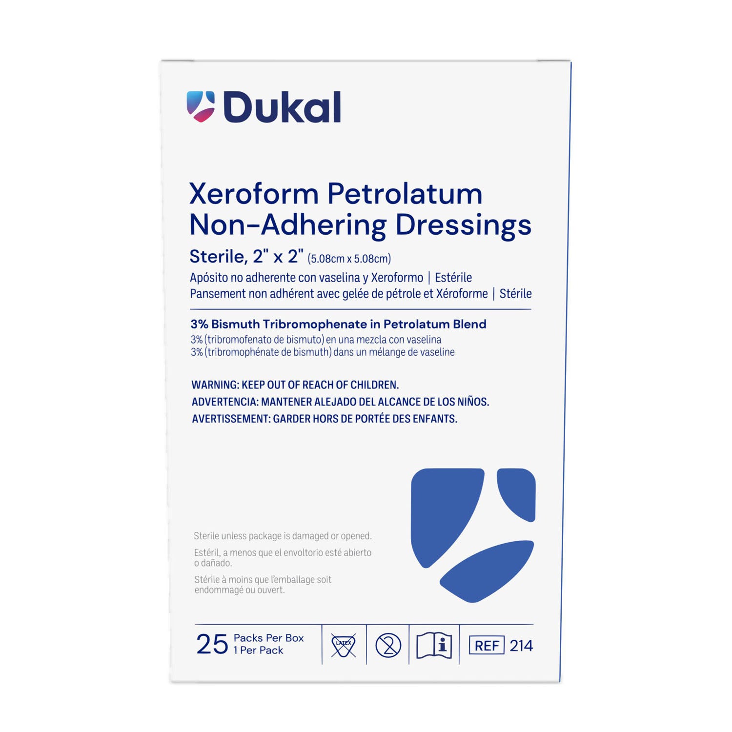 214 - Dukal Corporation - Xeroform Gauze Dressing, 2" x 2", Sterile, 1/pk, 25 pk/bx    , bx