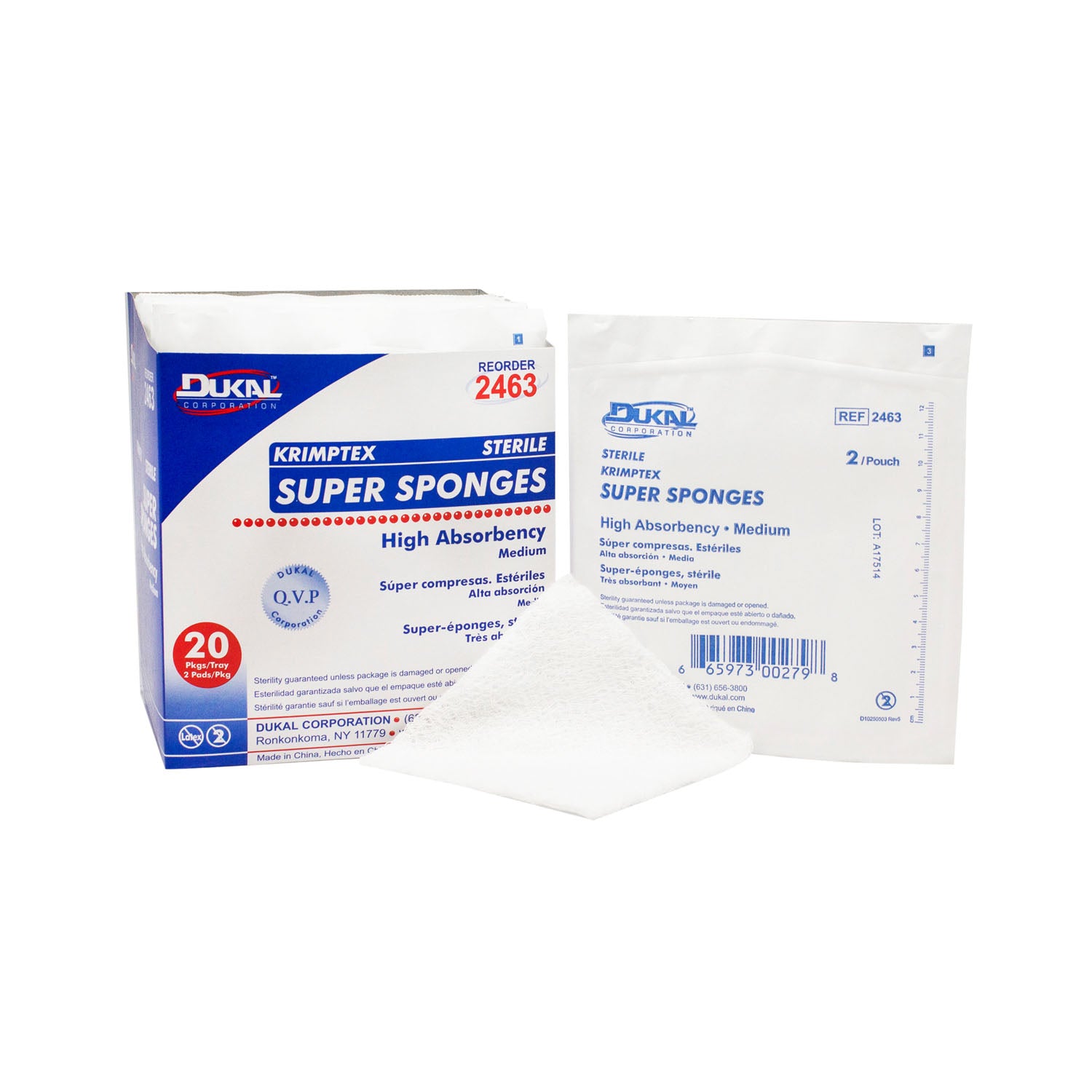2463 - Dukal Corporation - Sponge, Sterile 2s, Medium, Soft Pouch, 2/pk, 20 pk/tray, 12 tray/cs    , cs
