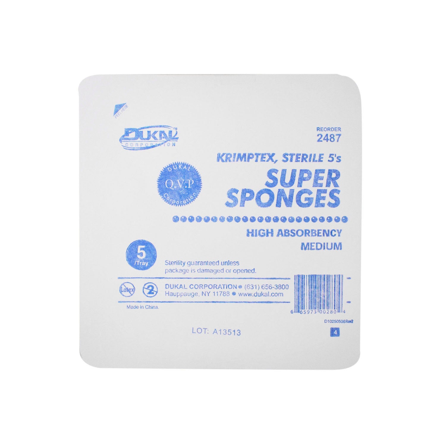 2487 - Dukal Corporation - Sponge, Sterile 5s, Medium, Hard Tray, 5/tray, 120 tray/cs (20 cs/plt)    , cs