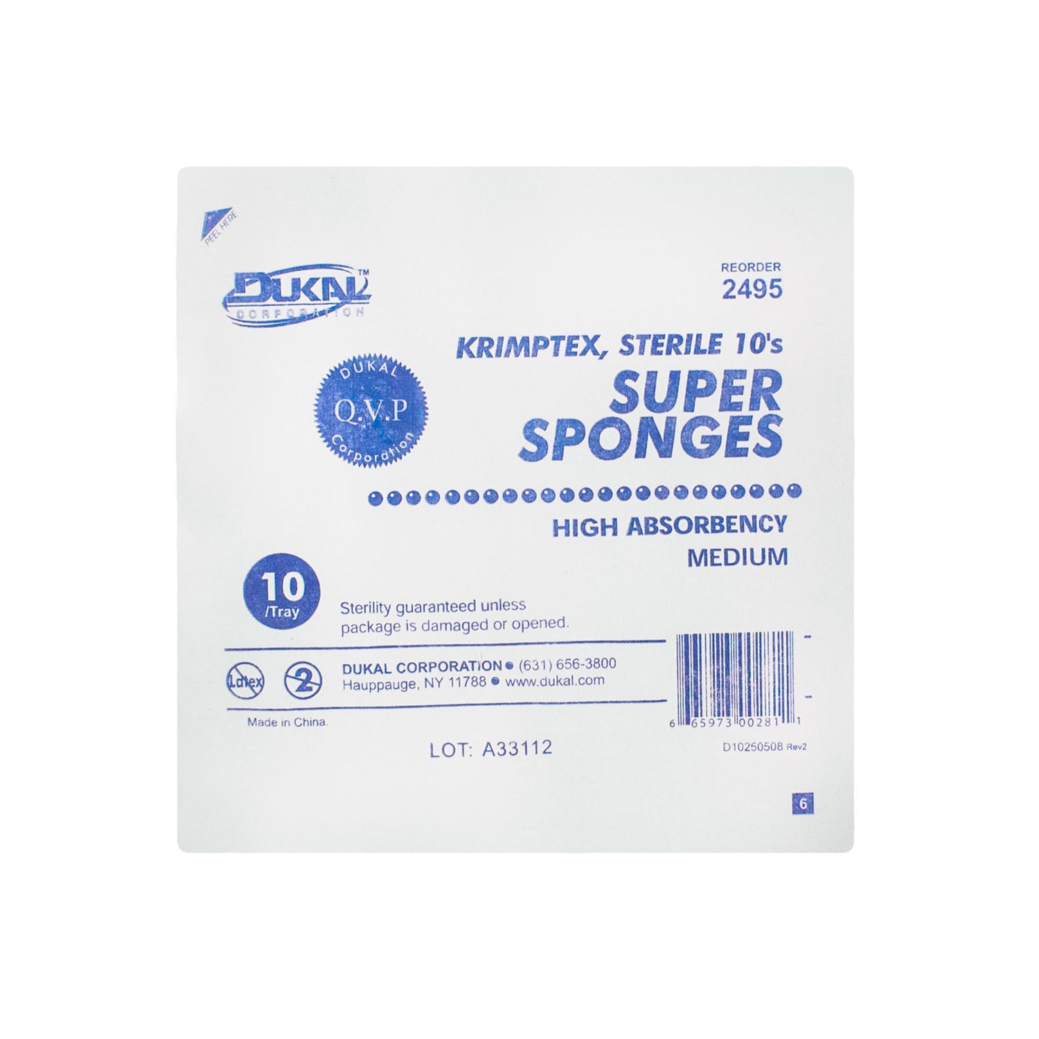 2495 - Dukal Corporation - Sponge, Sterile 10s, Medium, 10/pk, 48 pk/cs    , cs
