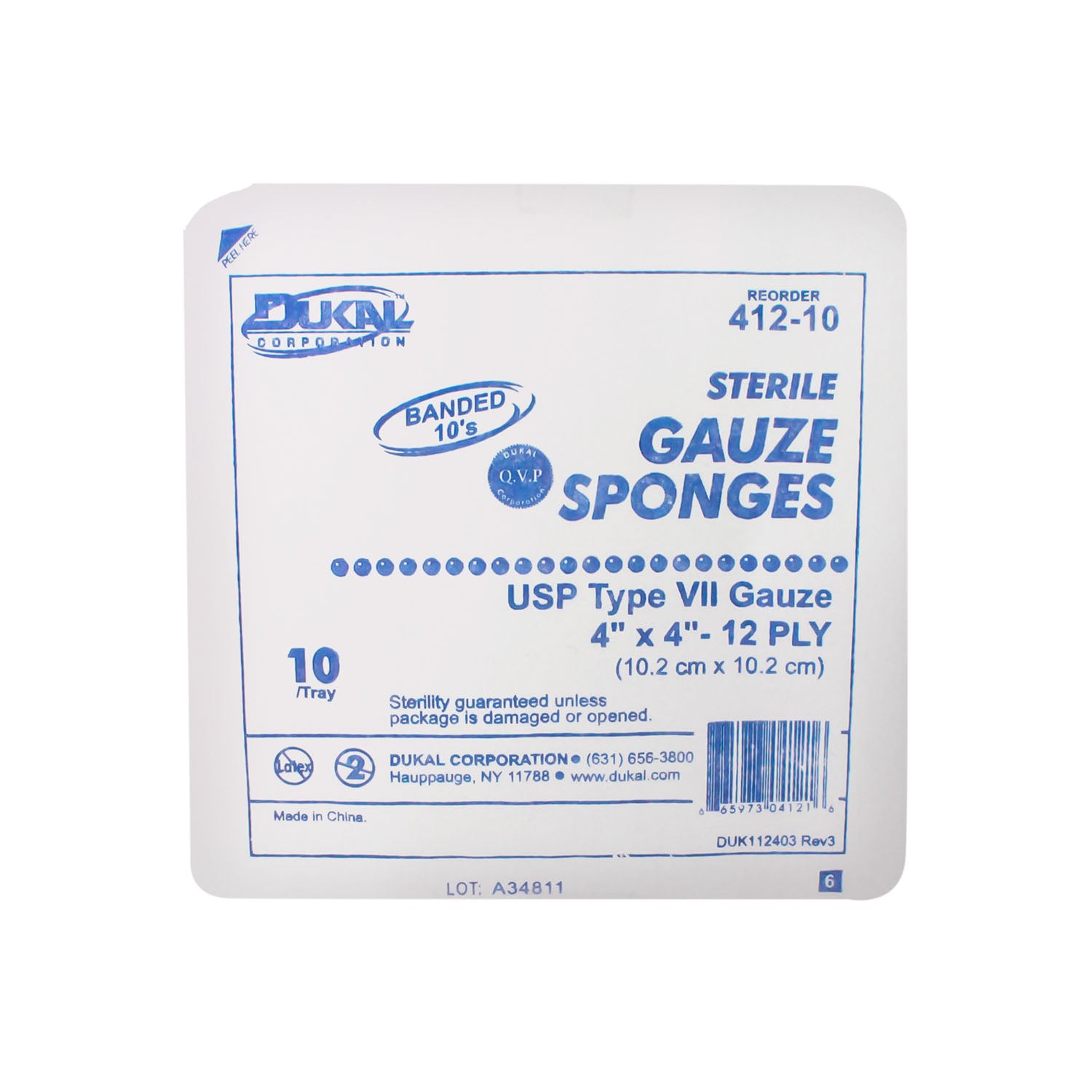 412-10 - Dukal 公司 - 紗布海綿，4 英寸 x 4 英寸，無菌托盤，12 層，每托盤 10 片，每箱 128 托盤，每箱