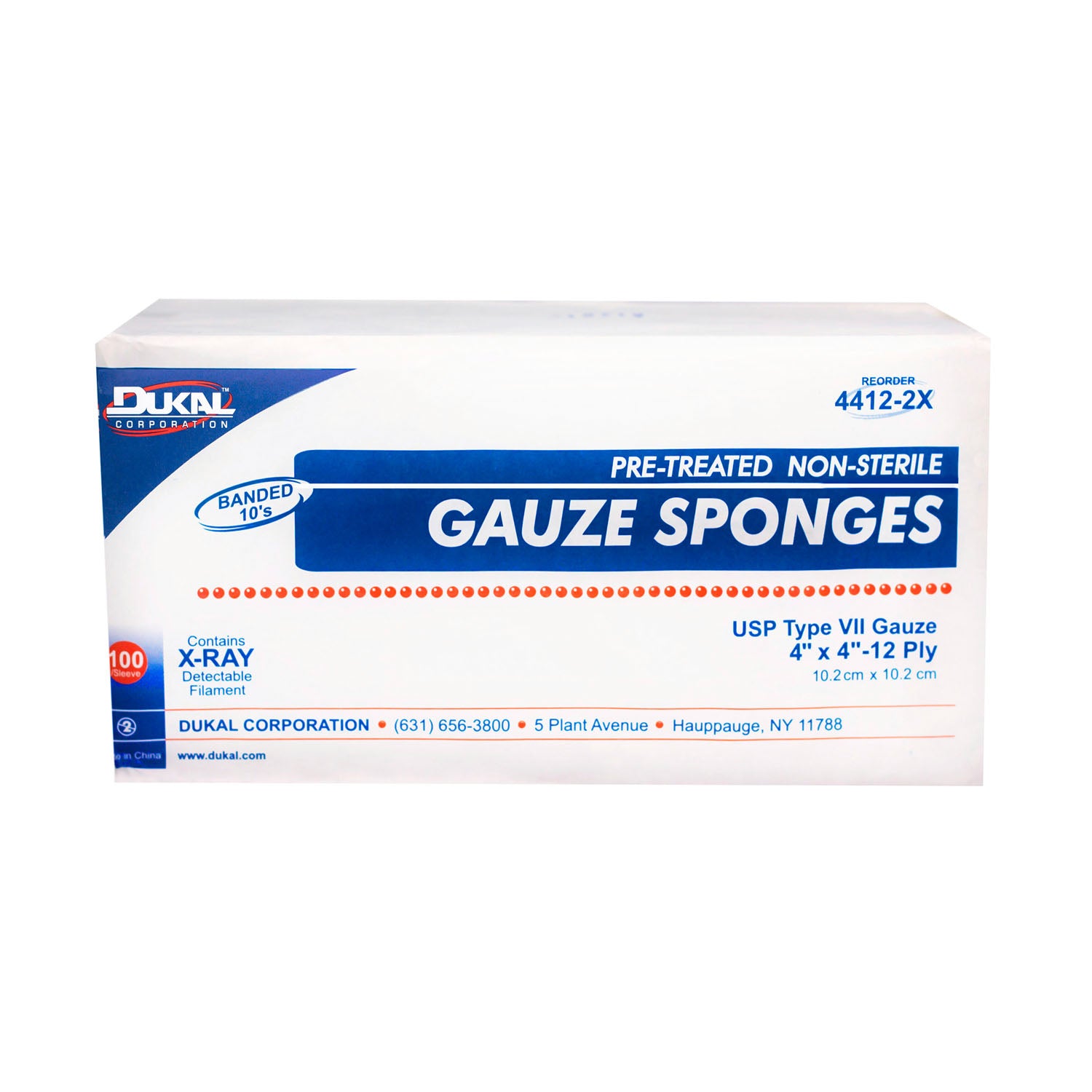 4412-2X - Dukal Corporation - Gauze Sponge, 4" x 4", X-Ray Detectable Type VII, 12-Ply, Non-Sterile, 100/bg, 20 bg/cs    , cs