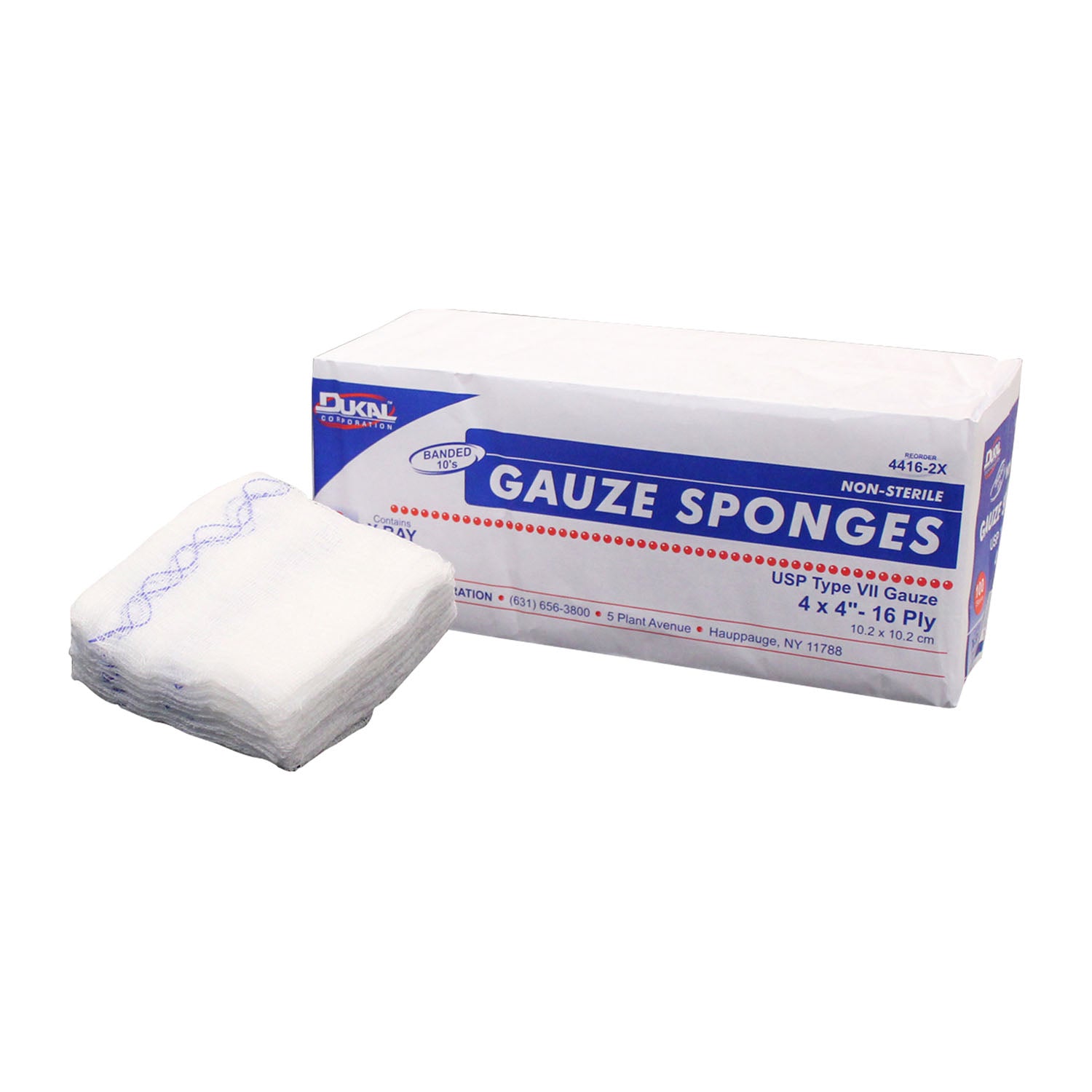 4416-2X - Dukal Corporation - Esponja de gasa, 4" x 4", tipo VII detectable por rayos X, 16 capas, no estéril, 100/bolsa, 20 bolsas/caja, caja