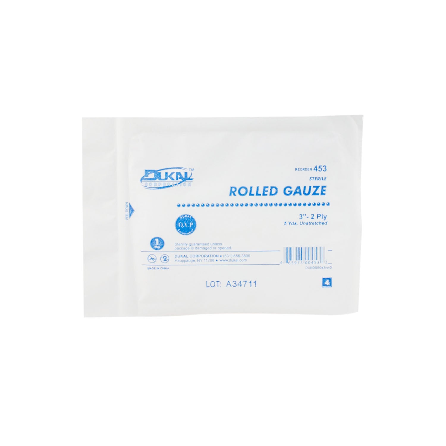 453 - Dukal Corporation - Rolled Gauze, 3" x 5 yd, Sterile, 2-Ply, 1/pouch, 12/bg, 8 bg/cs    , cs