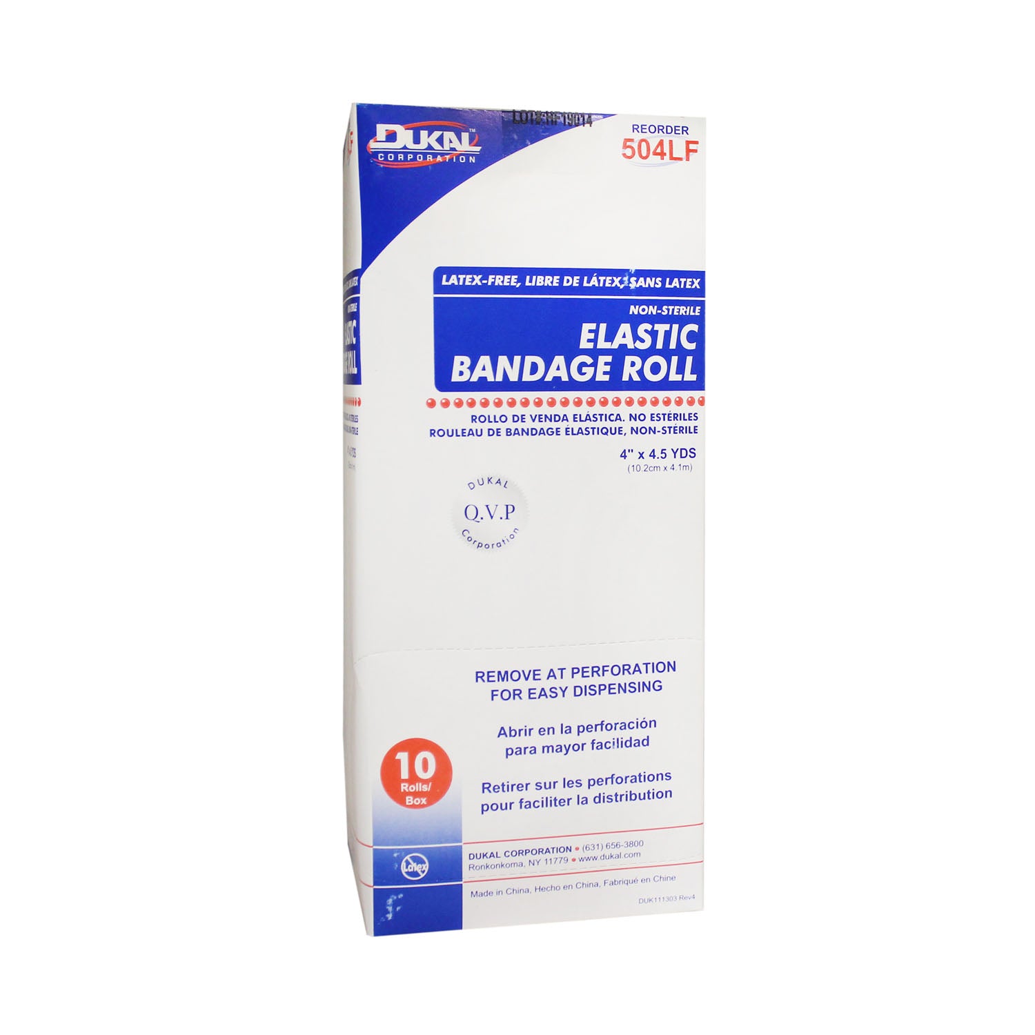504LF - Dukal Corporation - Elastic Bandage Roll, 4" x 4.5yd, Non-Sterile, Latex Free (LF), 10/bx, 5 bx/cs (72 cs/plt)    , cs