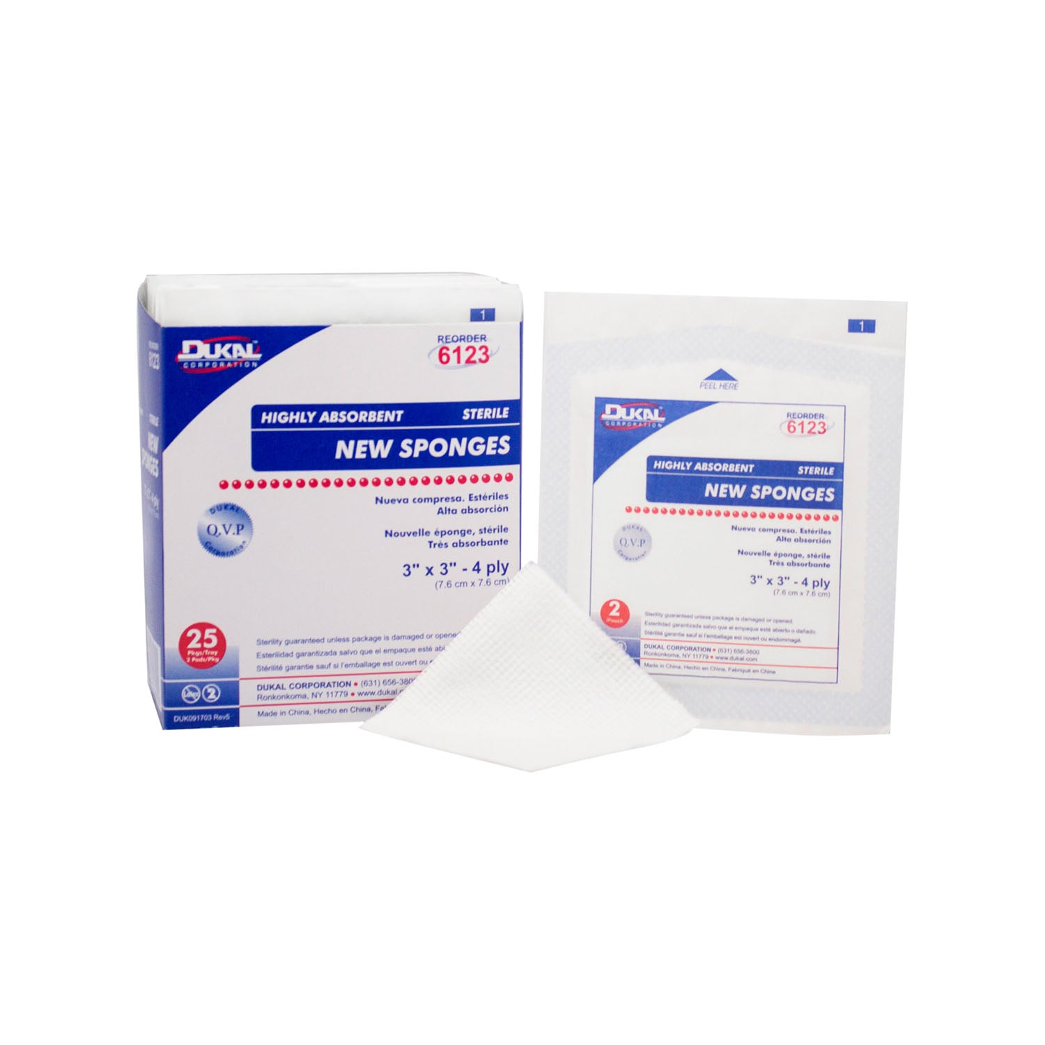 6123 - Dukal Corporation - Sponge, 3" x 3", Non-Woven New Sponge, Sterile, 4-Ply, 2/pk, 25 pk/bx, 48 bx/cs    , cs