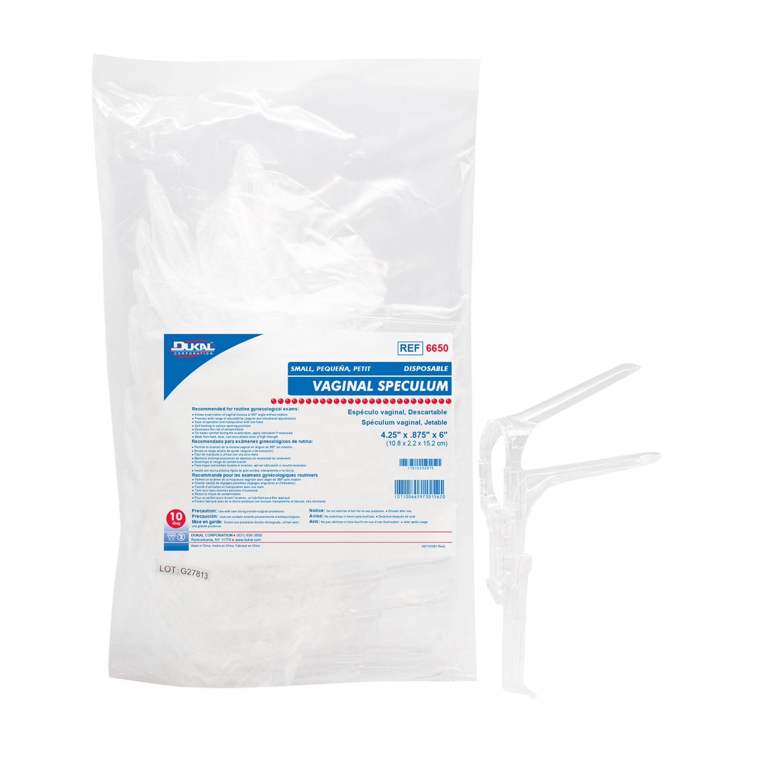 6650 - Dukal Corporation - Vaginal Speculum, Small, Disposable, 10/bg, 10 bg/cs    , cs