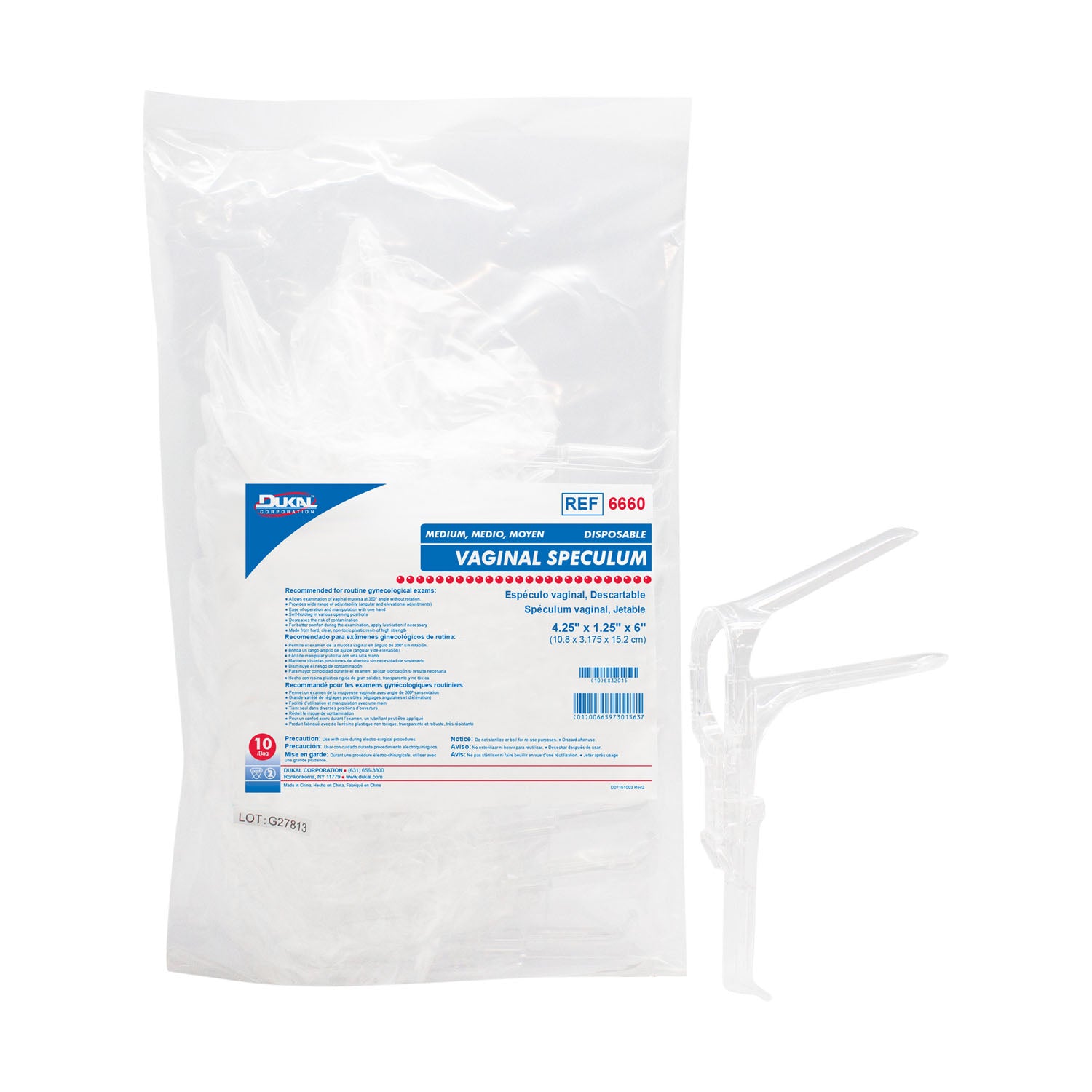 6660 - Dukal Corporation - Vaginal Speculum, Medium, Disposable, 10/bg, 10 bg/cs    , cs